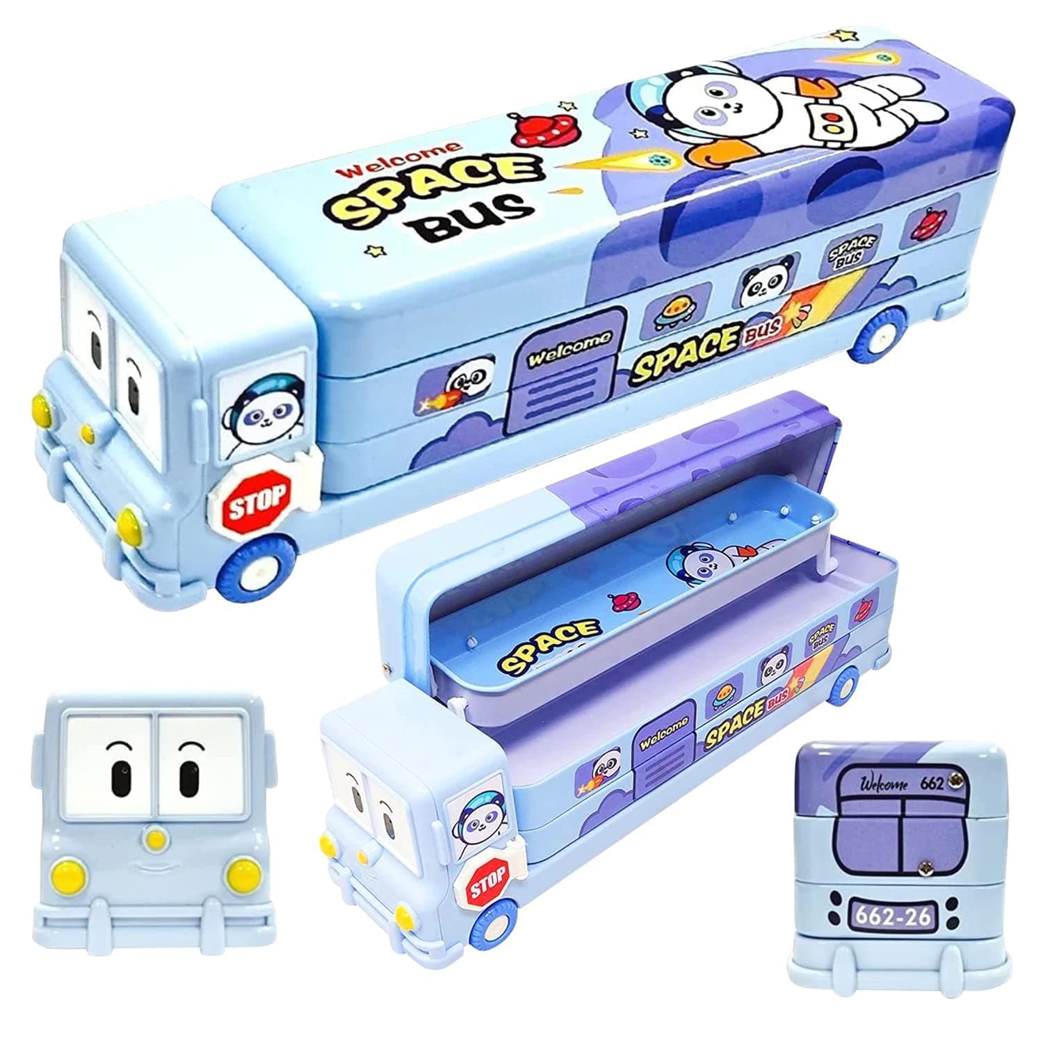 PRIME DEALS Bus Shape Pencil Box School Bus Metal Geometry Box for Kids Magic Bus with Moving Tyres with 3 Compartments Moving Tyre's & Sharpener Geometry Case for Boys & Girls.