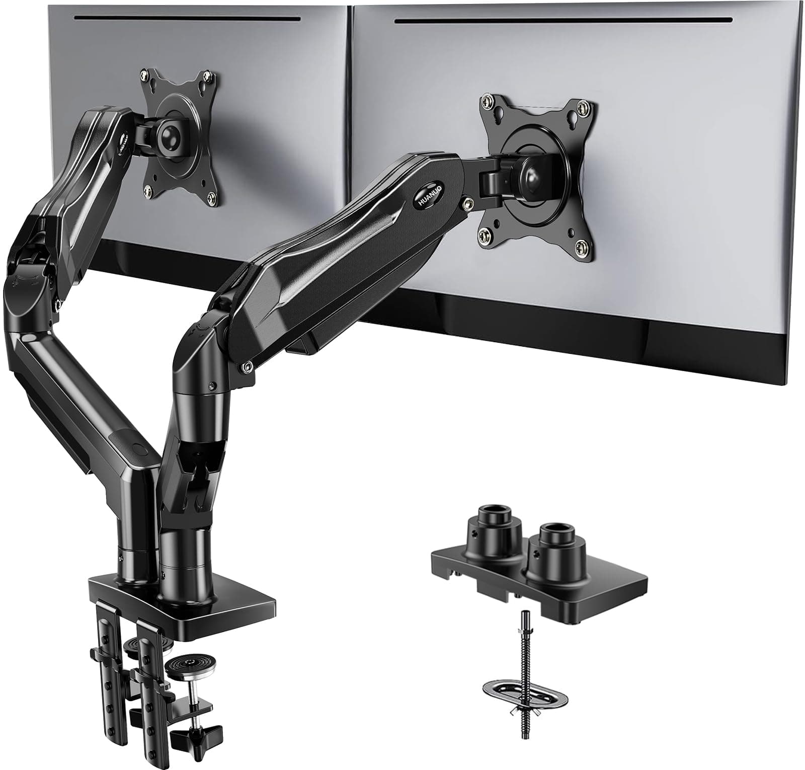 Dual Monitor Stand - Adjustable Spring Monitor Desk Mount Swivel Vesa Bracket with C Clamp, Grommet Mounting Base for 17 to 27 Inch Computer Screens - Each Arm Holds 4.4 to 14.3lbs