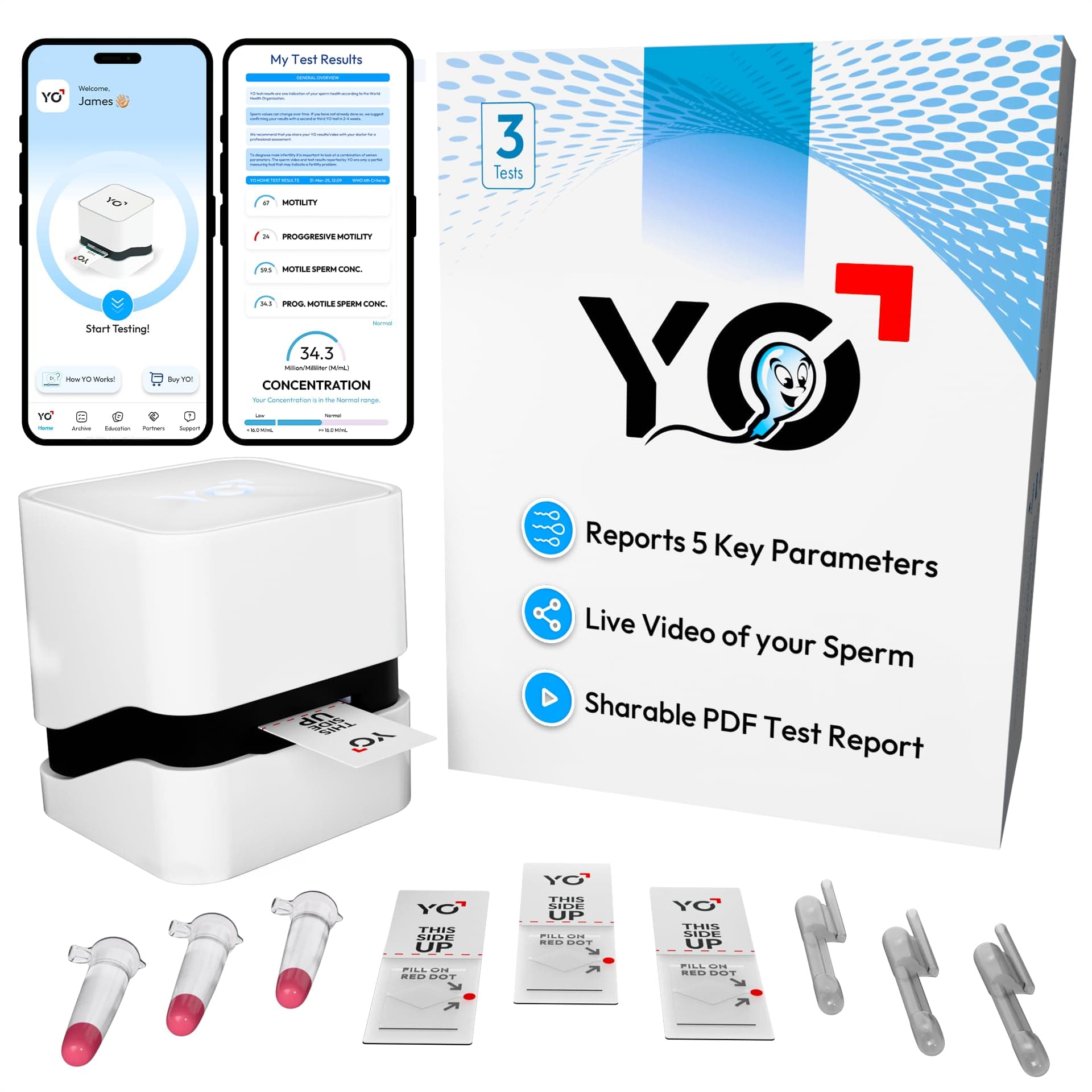 YO Home Sperm Test | #1 FDA Cleared Home Semen Analysis | Tests Sperm Concentration, Motility, Progressive Motility, and More with 97% Accuracy | No Mail-in or Lab Visit | Includes 3 Tests