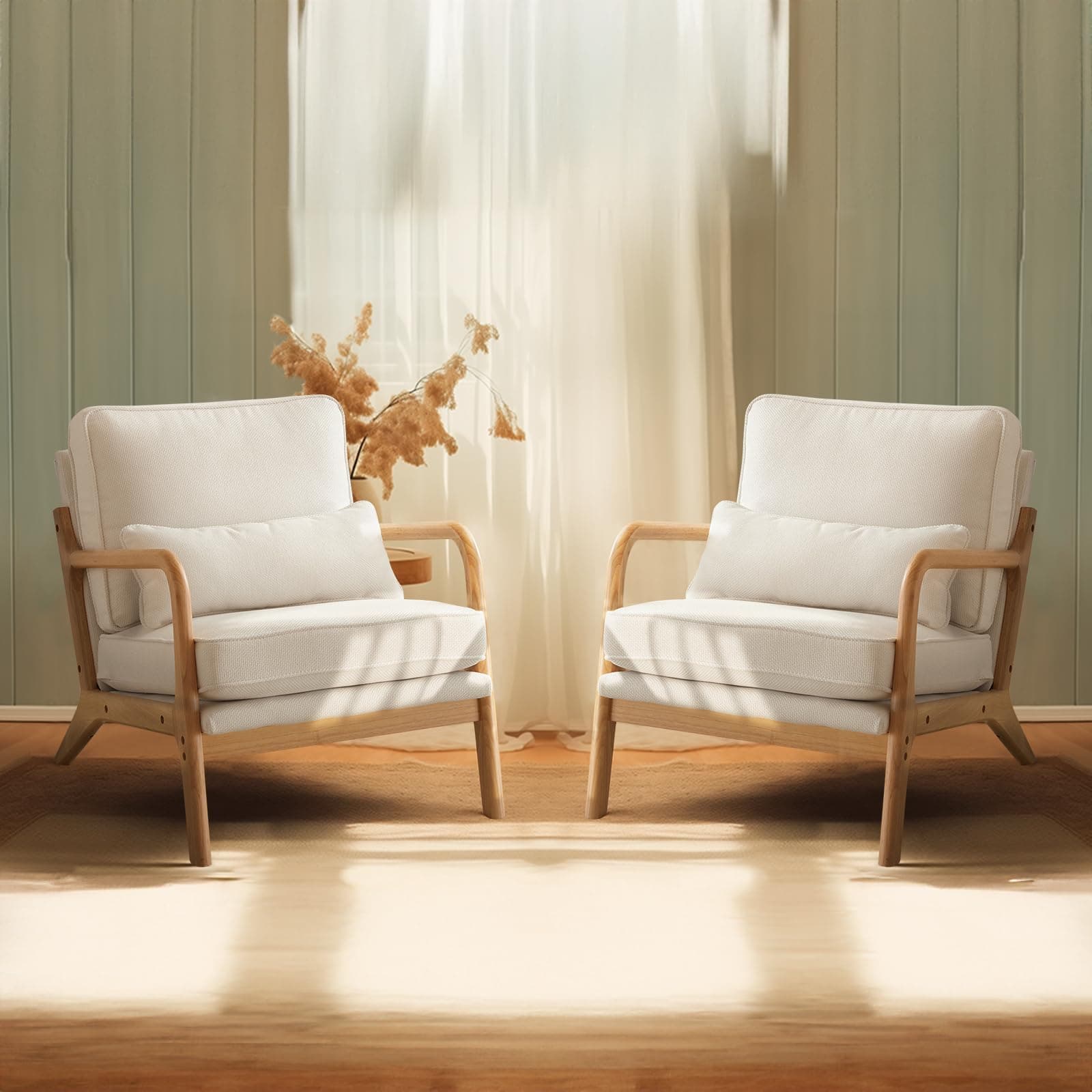 Bonnlo Coarse Beige Accent Chairs Set of 2, Upholstered Mid Century Modern Lounge Fabric Chairs Reading Chairs Side Sitting Chair Solid Wood Farmhouse Armchairs for Living Room, Bedroom, Guest Room