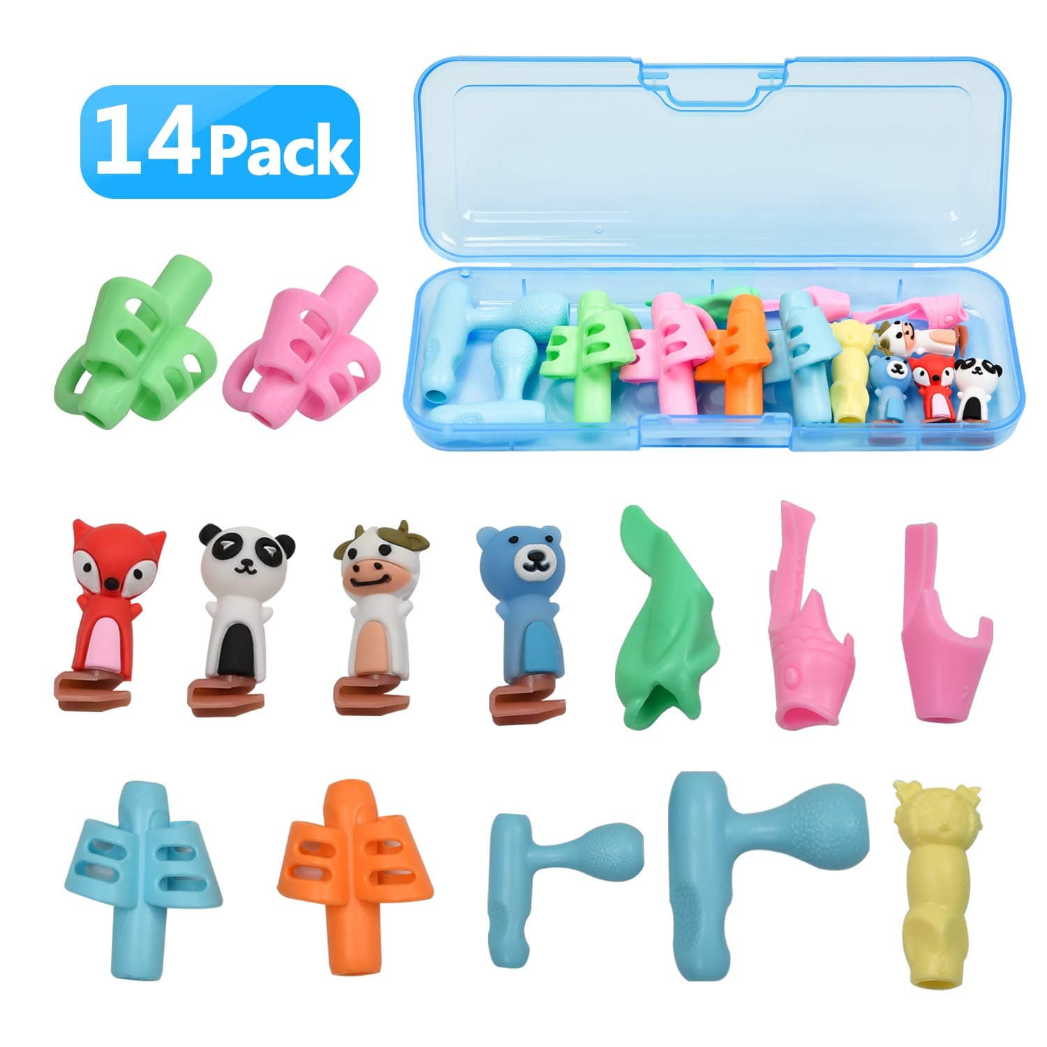 Pencil Grips for Kids Handwriting Children Pen Writing Aid Grip Set Professional 6-Stage Posture Correction Tool for Kids Preschoolers Children with Pencil Case(14PCS)