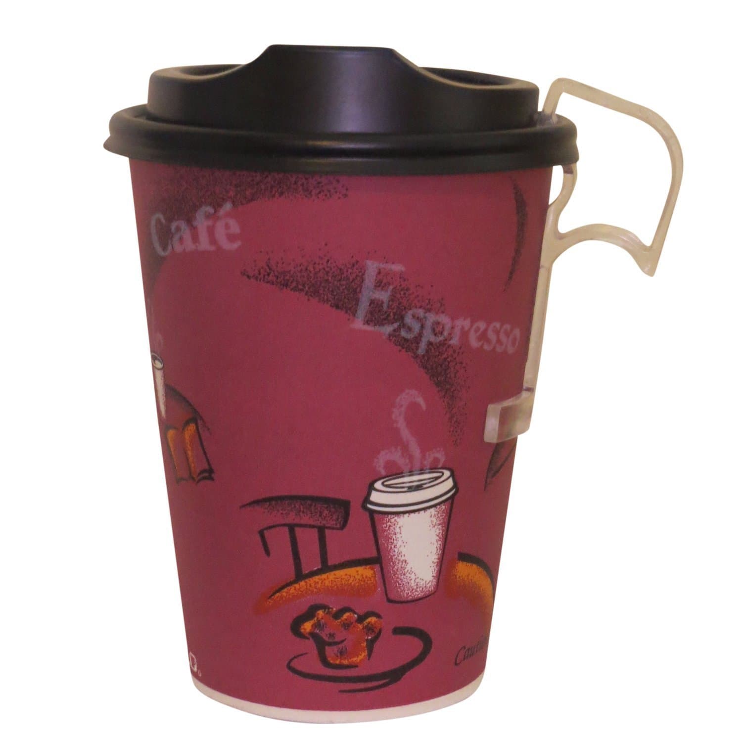 12 Oz. Solo Bistro Design Paper Coffee Cup with Black Dome Lids- 50 Sets - plus 5 plastic clip on handles