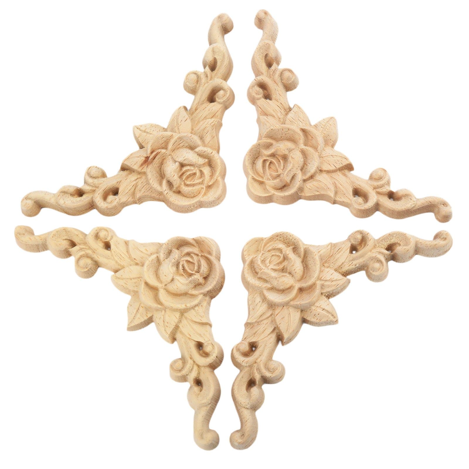 MUXSAM 4pcs Wood Carved Mouldings Applique Corner Decal Onlay Wood Embellishments for Crafting Furniture Home, Handcrafted Door Cabinet Cupboard Furniture Rose Unpainted Sculptures