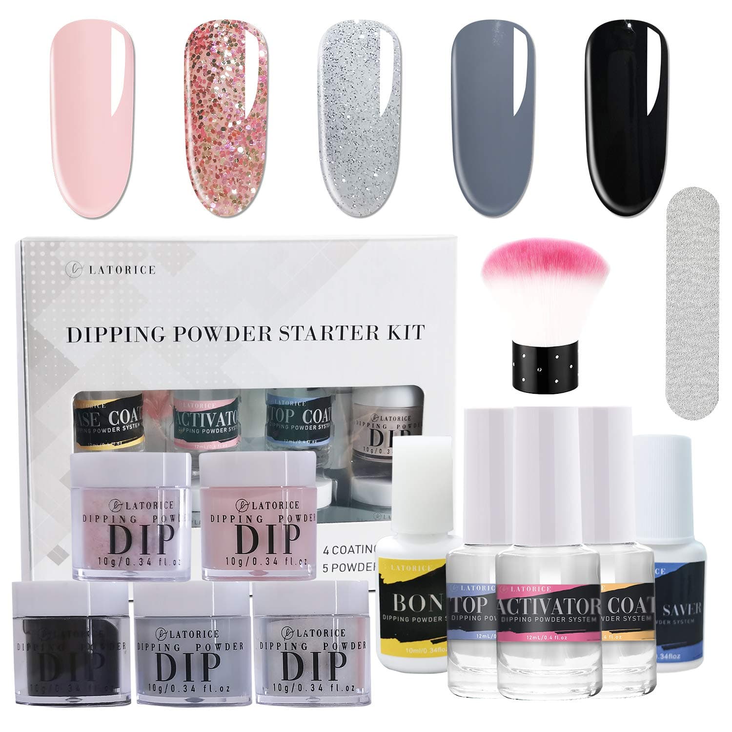 Latorice Dipping Powder Nail starter Kit of 5 color for French Nail Manicure Nail Art Set Essential Kit, 5pc Dipping Powder, 3pc 12ML Liquid, No UV Lamp,Easy to Apply