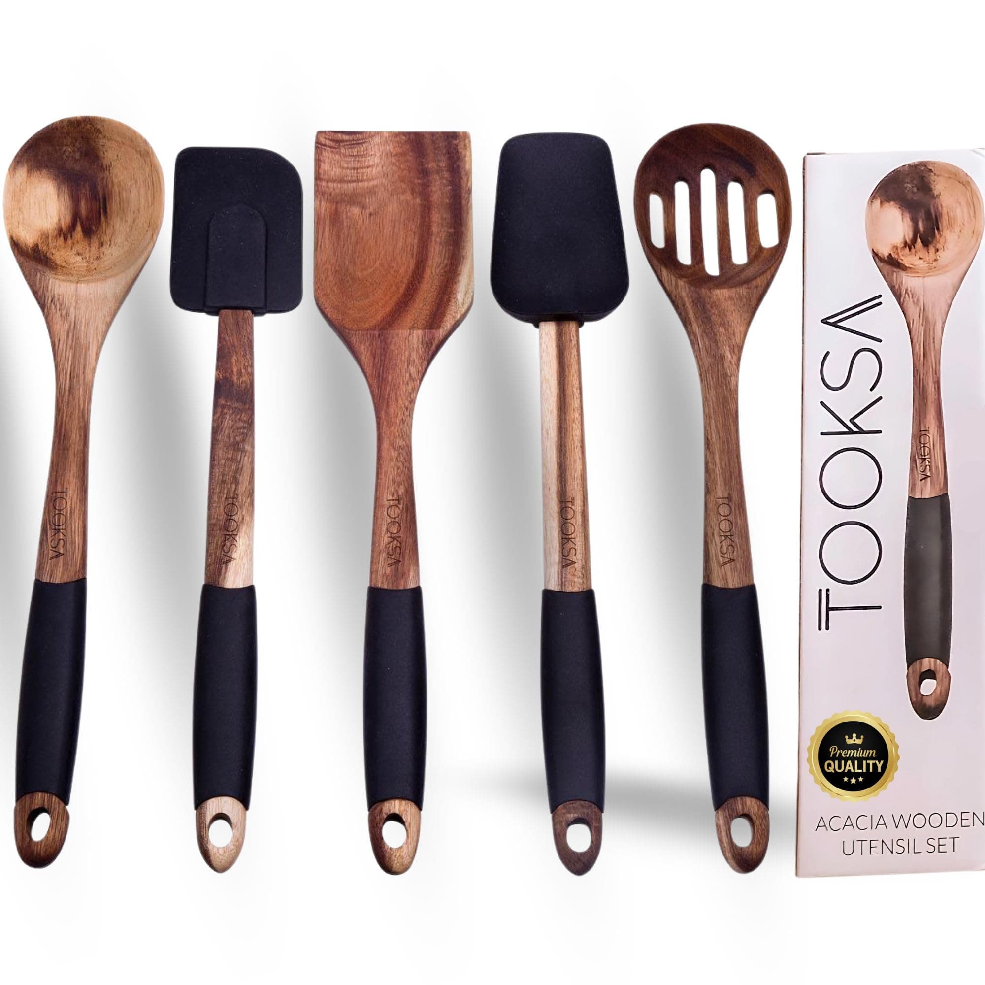 TOOKSA- Premium 5 Piece Acacia Multi-Toned Light and Dark Wooden Spoon, Turner and Spatula Utensil Set with Silicone, Rubber, Non-Slip Handles (Black)