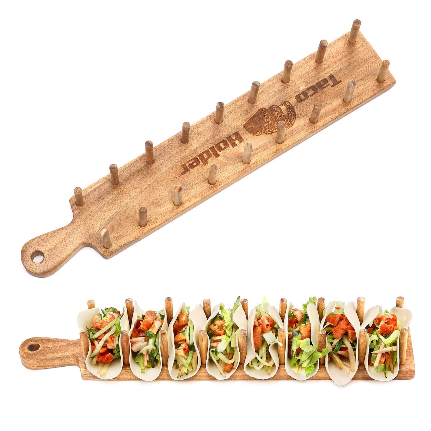 First Grade Acacia Original Wood Taco Holder Rack Tray Stand Up Holds 8 Soft or Hard Shell Tacos Also for Tortillas, Burritos