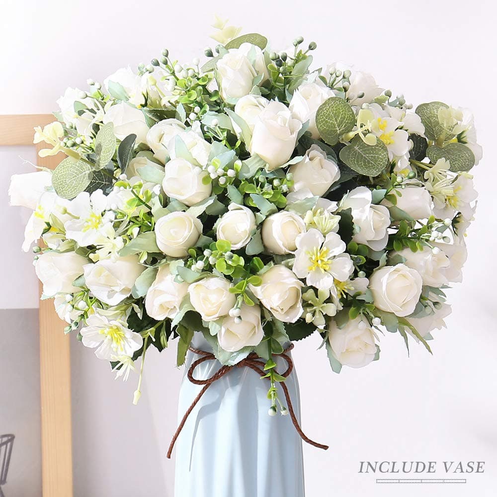 FENGRUIL Artificial Flowers with Ceramics Vase, Silk Rose Flowers Arrangements Bouquet for Table Centerpiece Bridal Wedding Home Decoration (White)