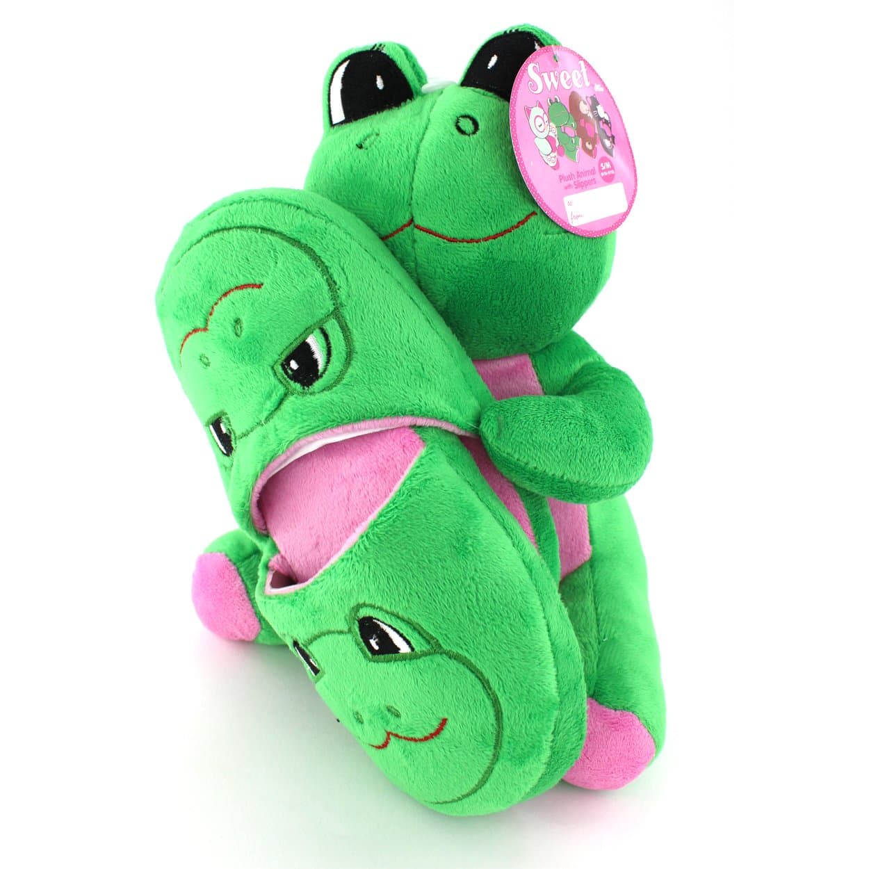 Girls Green Plush Frog with Slippers Gift Set (S/M (9/10-11/12) M US Little Kid)