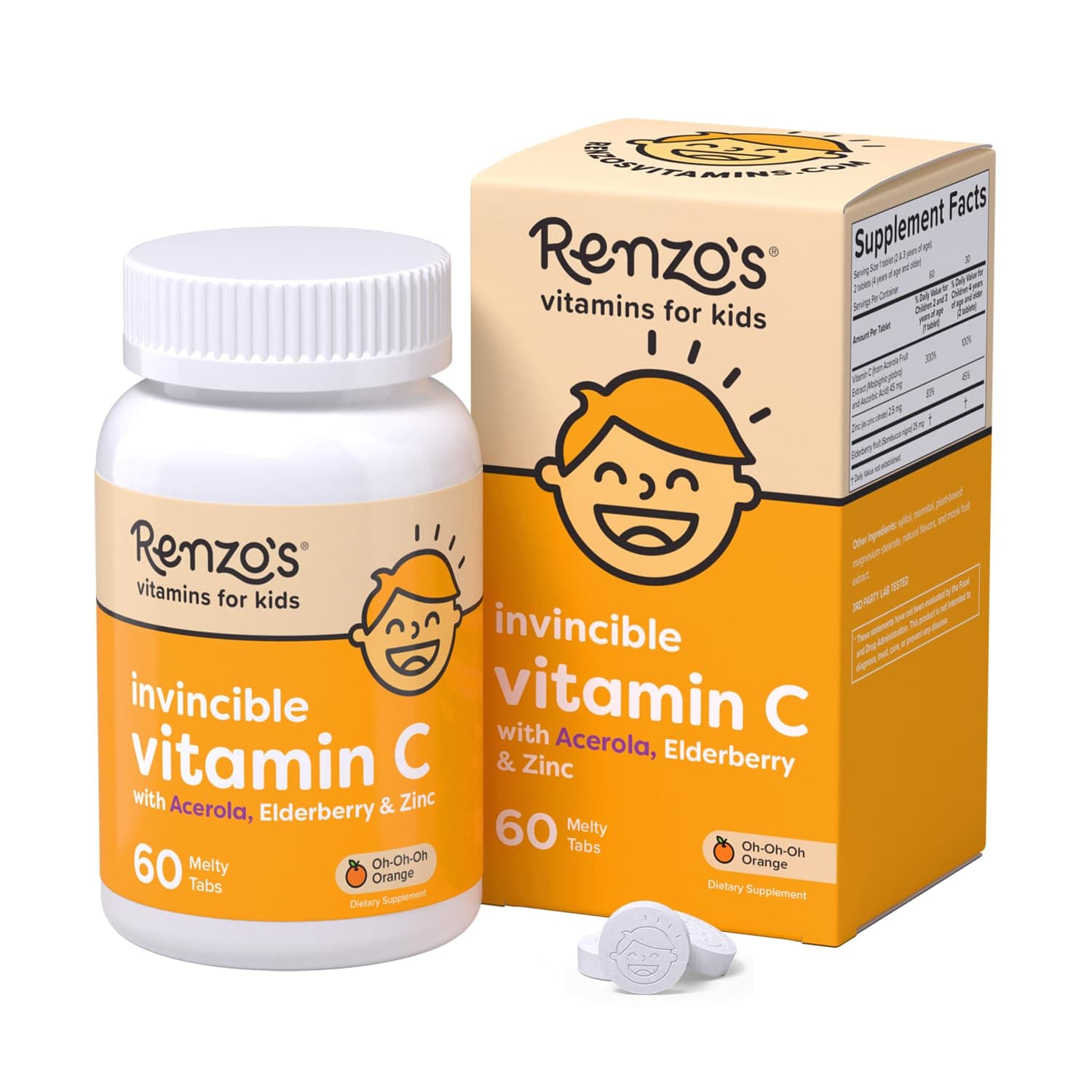 Invincible Vitamin C for Kids with Elderberry and Zinc, Dissolvable Kids Vitamins for Immune Support, 60 Orange-Flavored Melty Tabs
