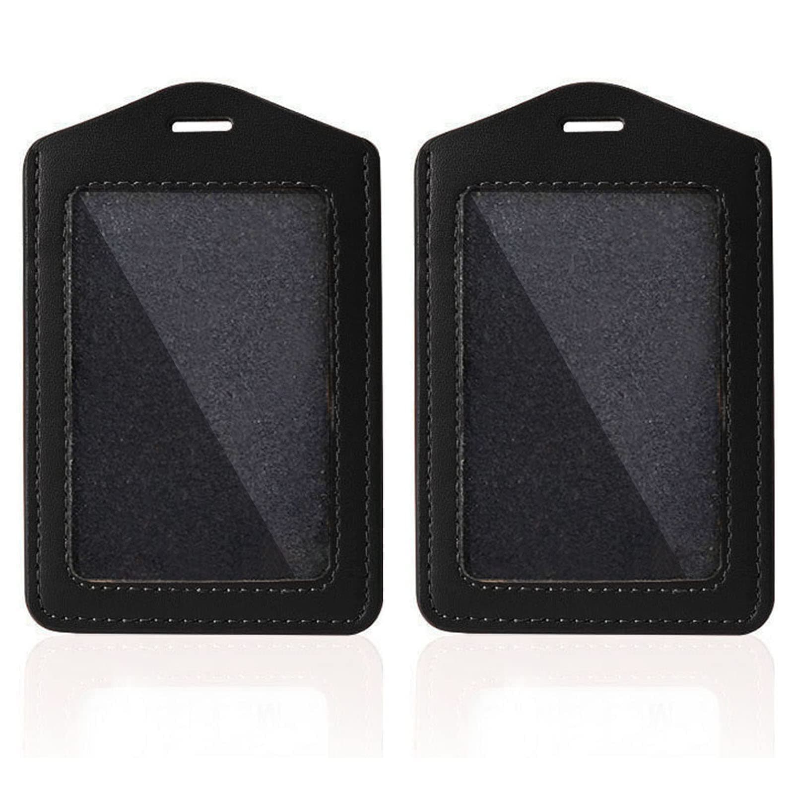 Larpur Pack of 2 Genuine Leather Badge Holders with 1 Clear ID Window, Vertical ID Card Holders for Work, School, Exhibition, Black