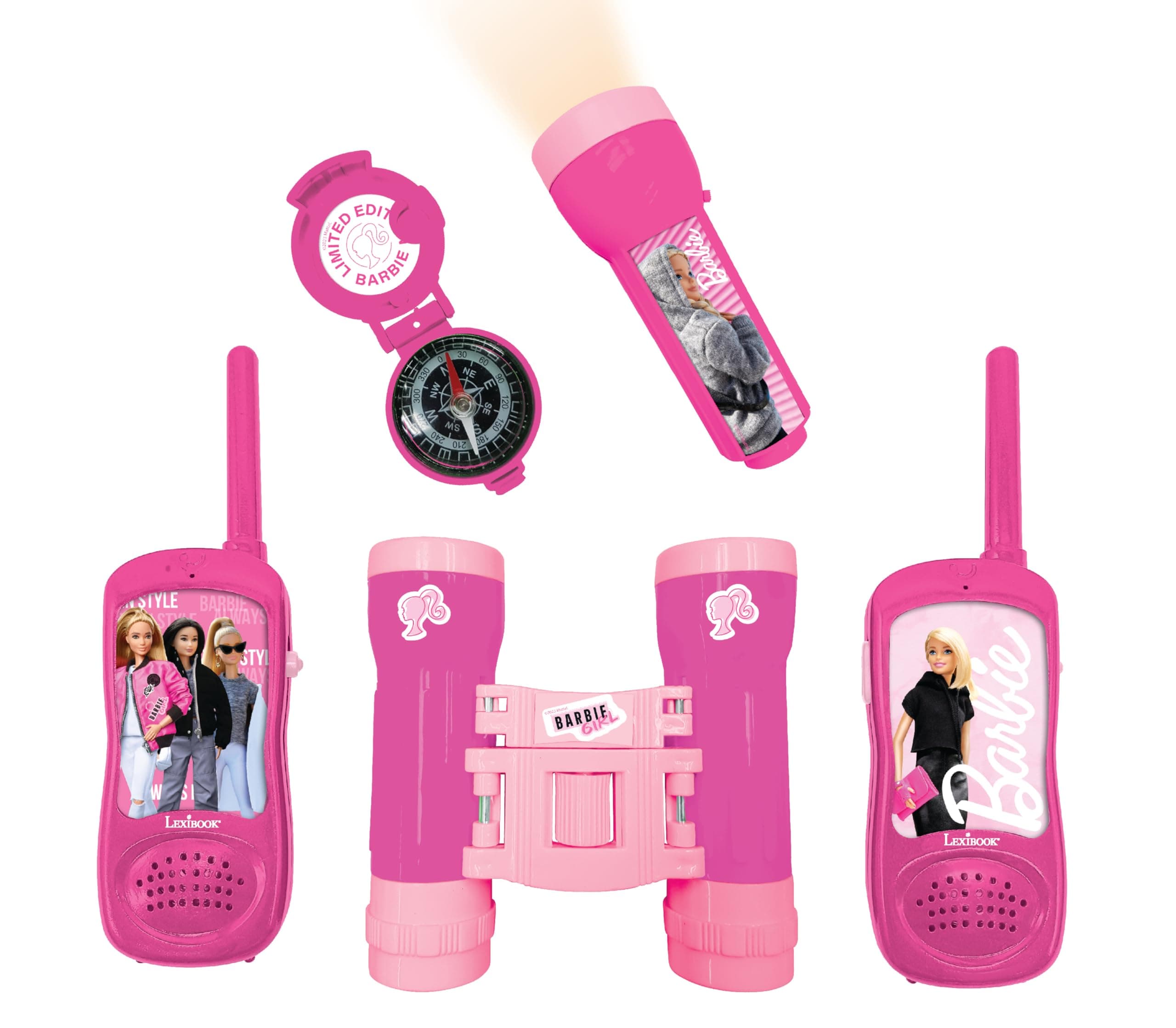 LEXIBOOK, Barbie, Adventurer set for Children, Walkie-Talkies 120m, Binoculars, Compass, Torchlight, Pink, RPTW12BB