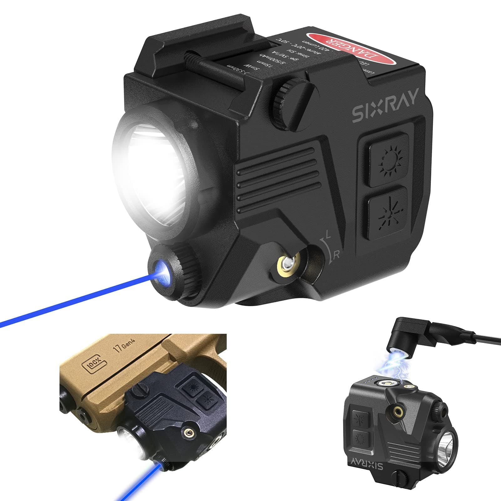 Pistol Light Laser Sight Gun Light 420 Lumens LED Picatinny Weaver Rail with Magnetic Charging Quick Release Strobe Function Laser Light Combo for Airsoft Handguns Pistol Rifle