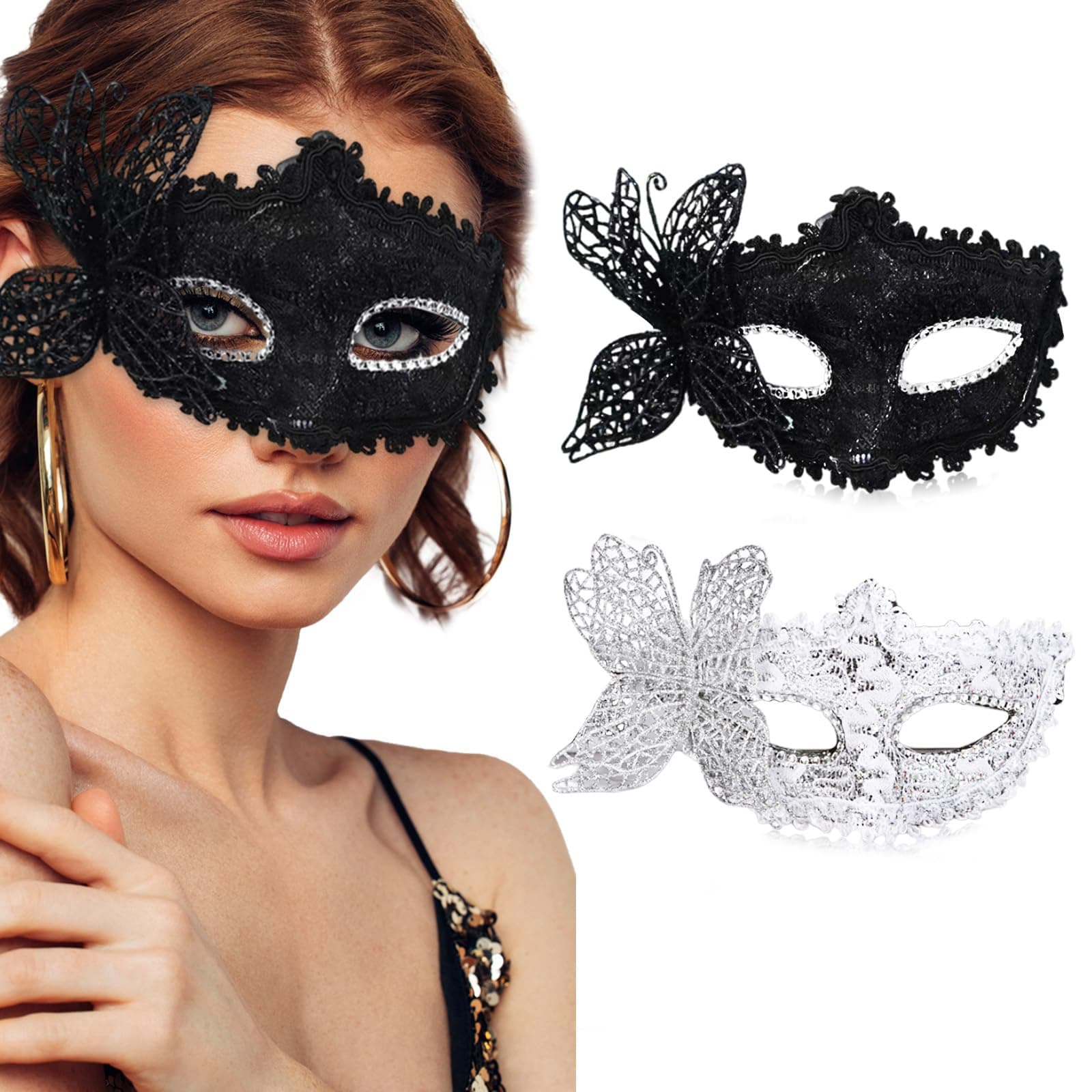 2 Pcs Black and White Masquerade Mask for Men and Women, Lace Eye Mask, Unisex Lace Masquerade Mask for Festival Gatherings-Unique Design with Side Butterfly Detail