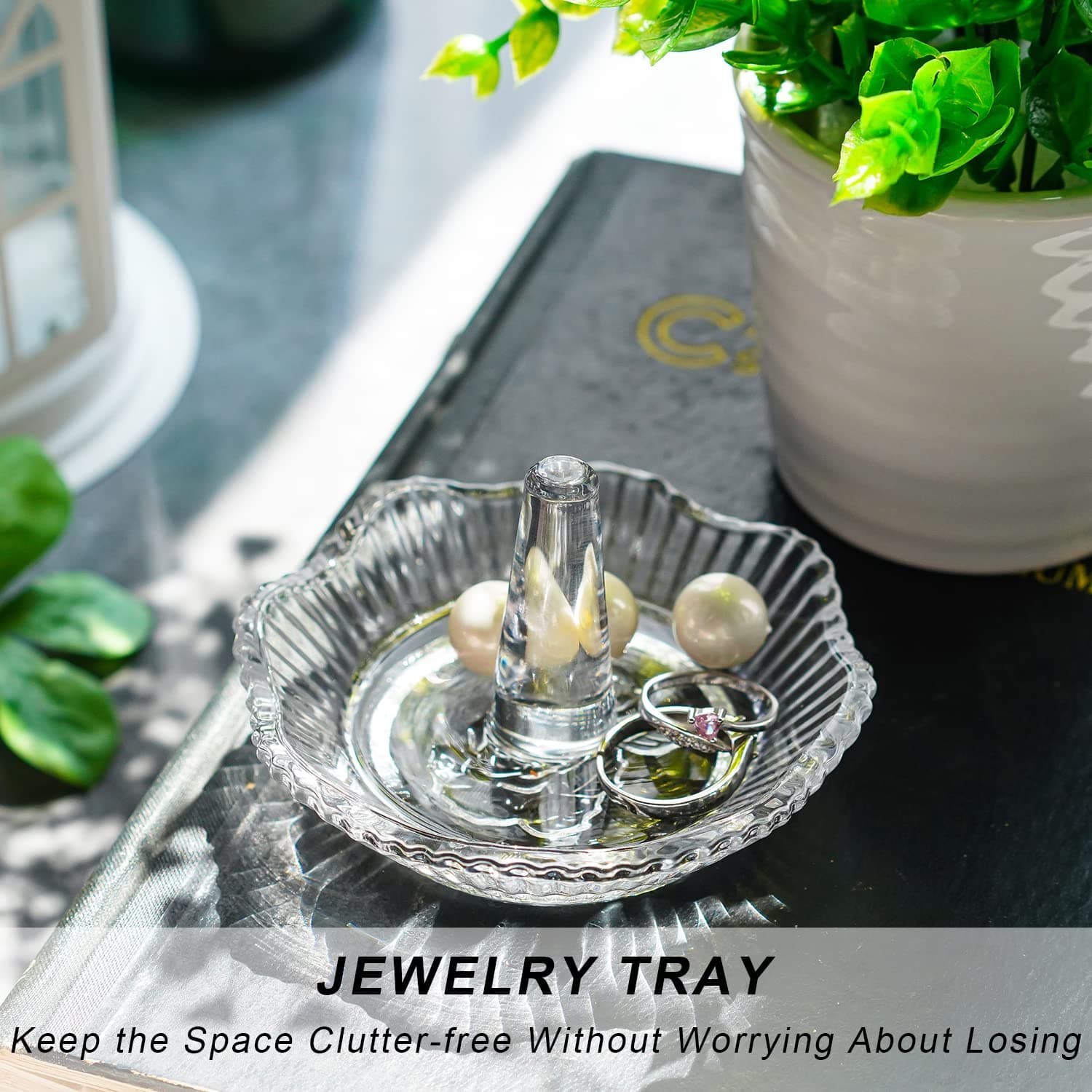 H&D Hyaline&Dora Crystal Scallop Ring Holder for Jewelry,Well-crafted Glass Ring Dish,Jewelry Rack Ring Holder for Wedding,Jewelry Display Decor Gift for Mom Wife Girlfriend(Clear)