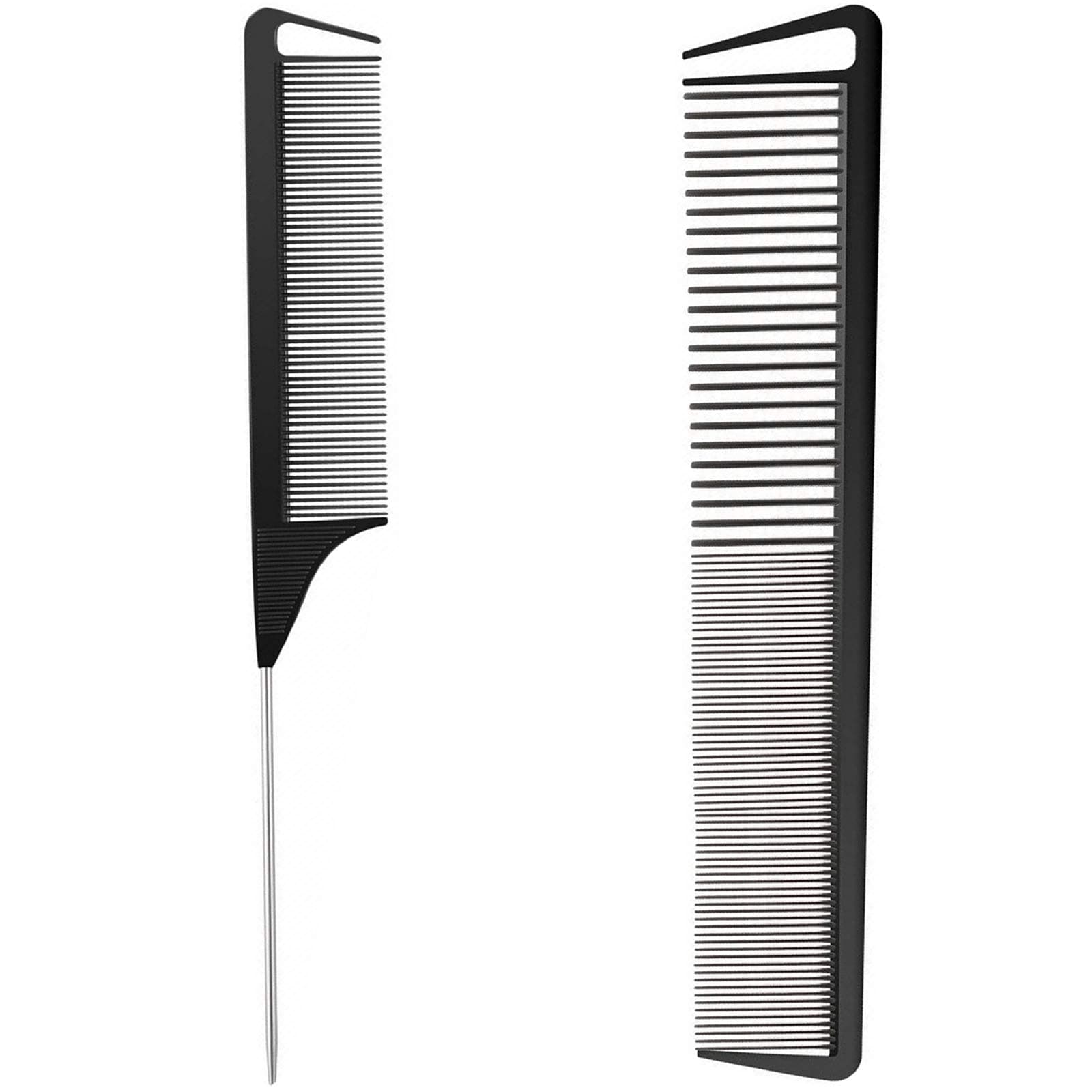 2 Pieces Carbon Fiber Comb, Rat Tail Comb and Heat Resistant Teasing Comb, Stainless Steel Pintail Comb Wide and Fine Teeth Comb, for Men Women Different Kinds of Hair