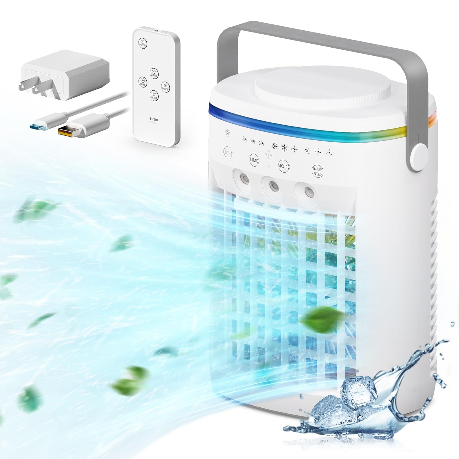 Vidihill Portable Air Conditioner, Evaporative Air Cooler, 2-4-8H Timer Auto-Off &Remote, Water Tank, Three ultrasonic nozzles, 3-Speed Personal Air Conditioner Cooling Fan