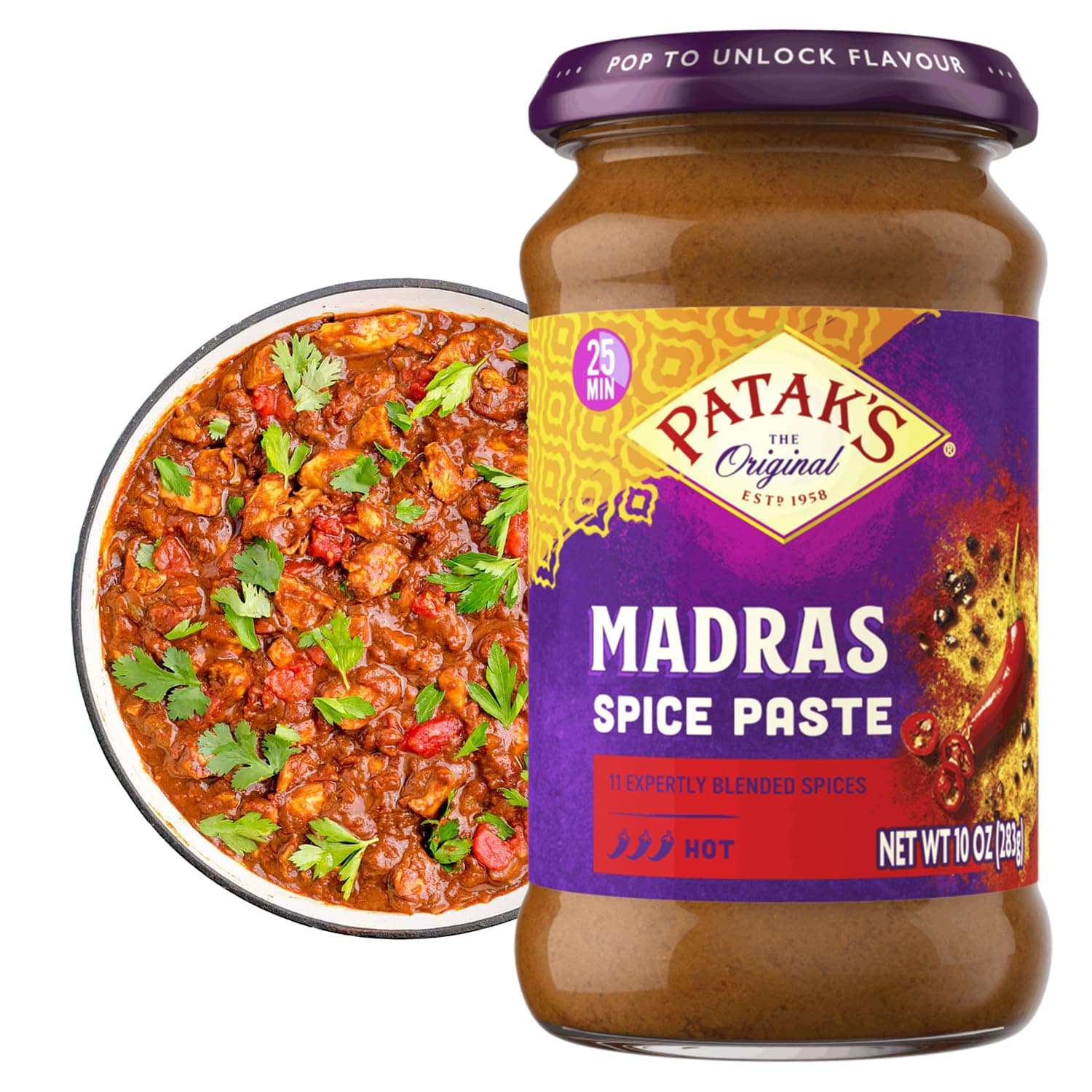 Patak's Madras Spice Paste, Hot Indian Curry with 11 Expertly Blended Spices, No Artificial Colors, Gluten-Free & Vegan, Bold Base for Home Cooking & More, 10 oz Jar