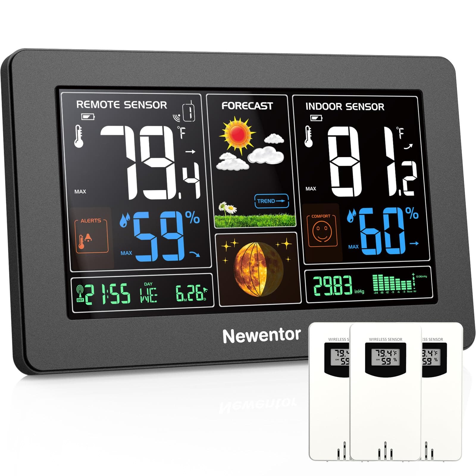 Weather Station Wireless Indoor Outdoor Thermometer, Color Display Digital Weather Thermometer with Atomic Clock, Barometric Pressure, Forecast Station with Adjustable Backlight,Black,3Sensor