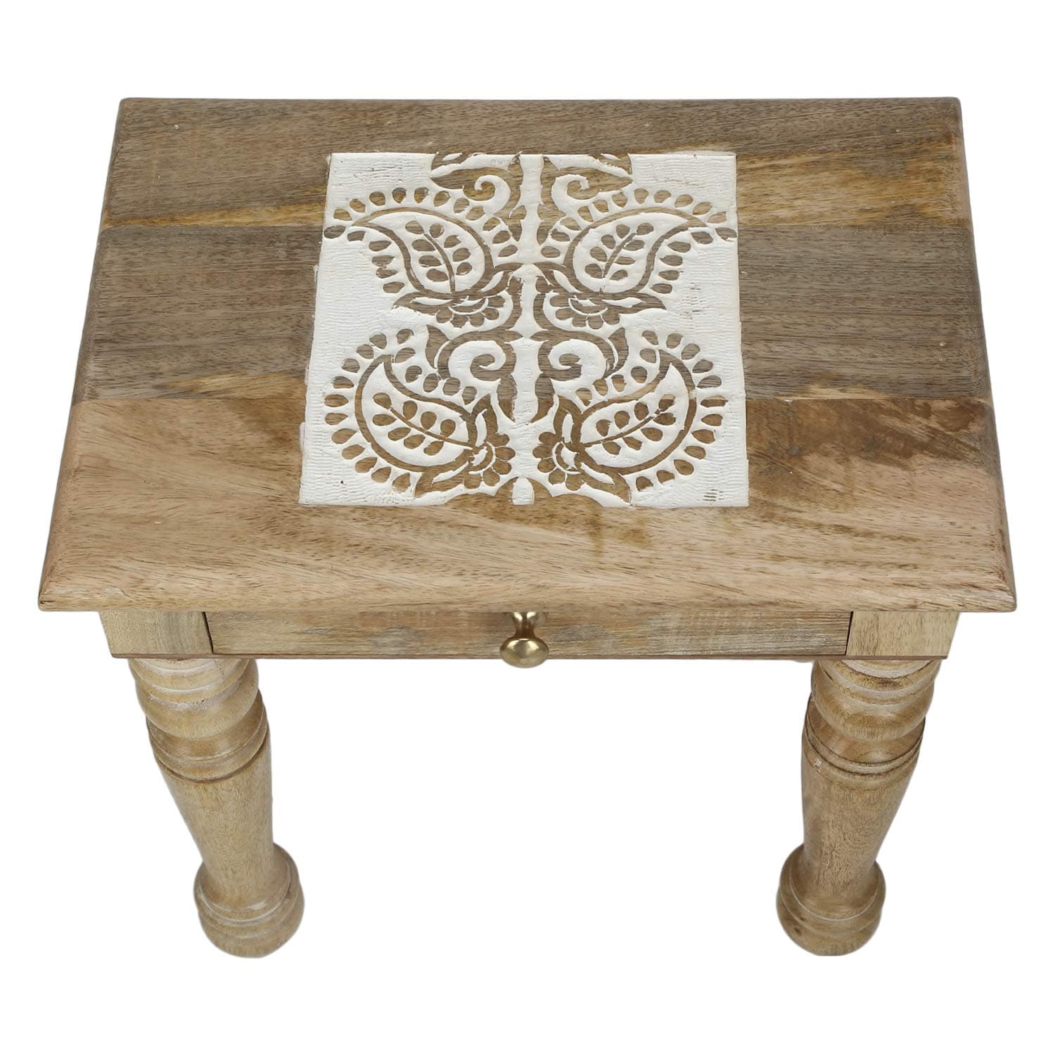 SAVON Wooden Side end Table Square White Paisely Carved