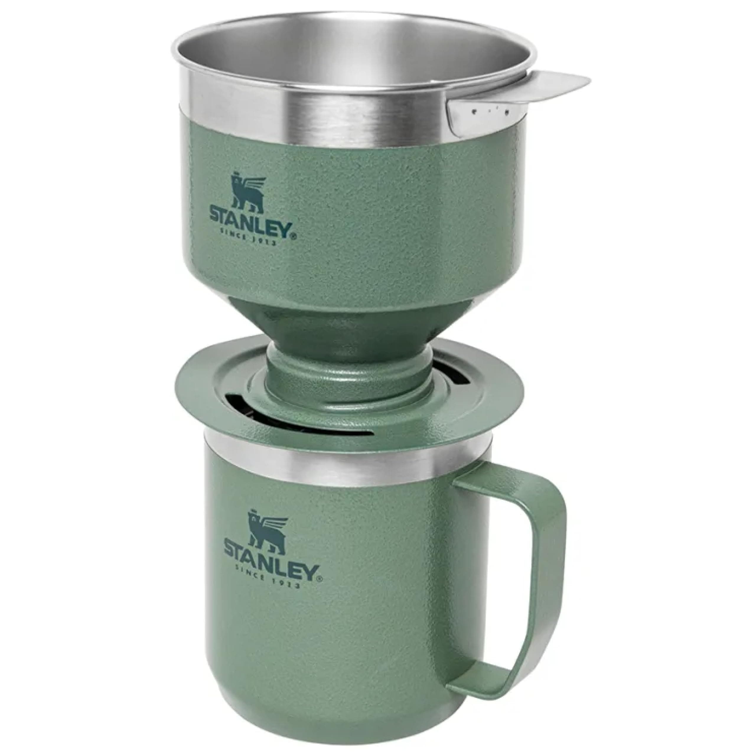 1913 Camp Mug with Perfect Brew Pour Over Set - Keeps Hot for 1 Hour - 2 Hours Cold - Dishwasher Safe - Reusable Filter - Camping Mug with Coffee Maker - Hammertone Green