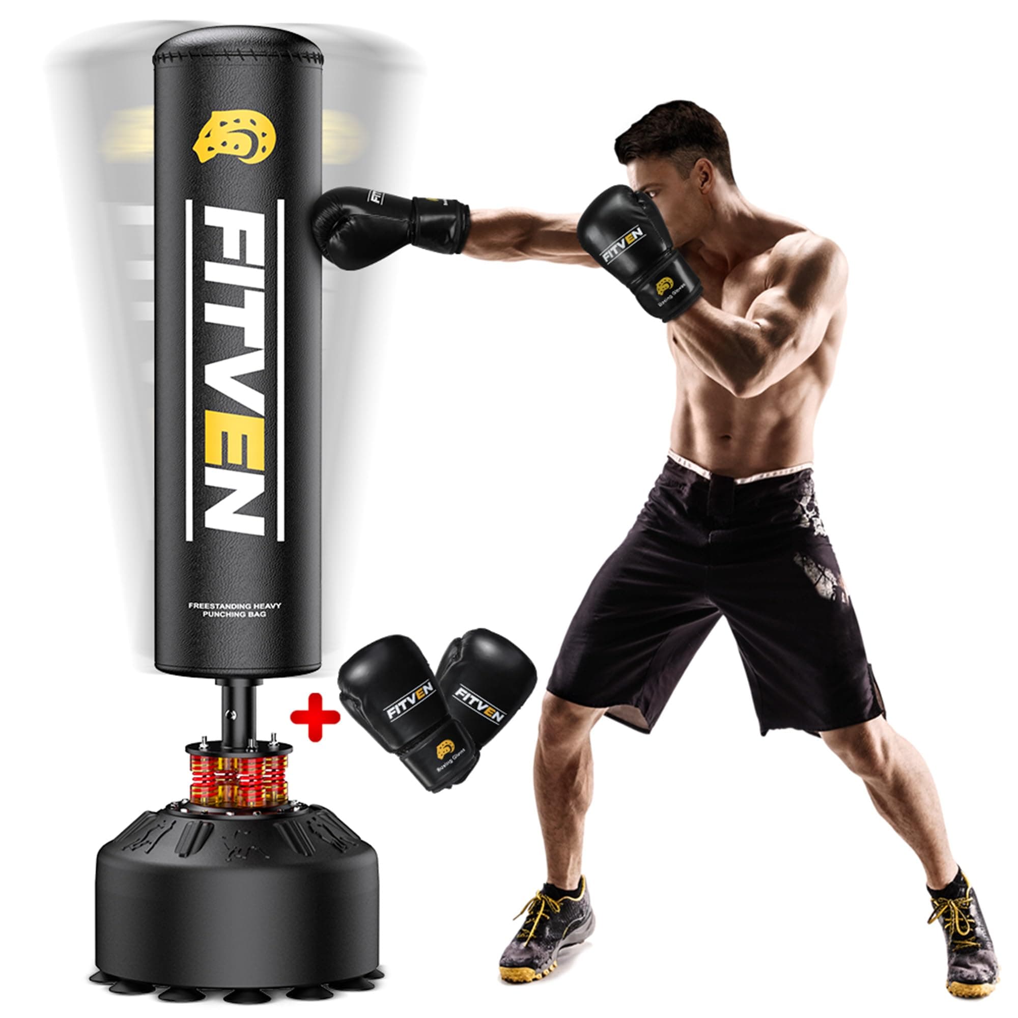 FITVEN 70'' Freestanding Punching Bag with Boxing Gloves, Heavy Boxing Bag with Suction Cup Base, Stand Kickboxing Bag for Adult-Teens Family Home Gym Training Equipment