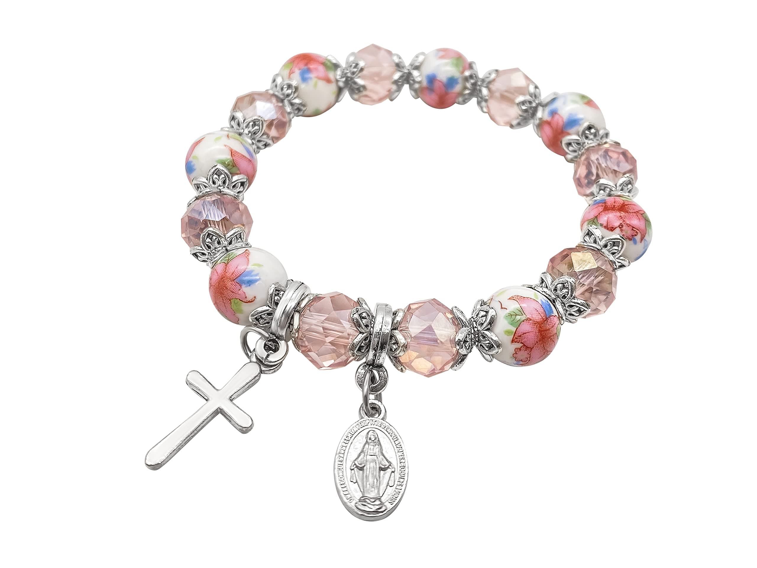 Religious Cross Bracelet Pink Crystal Beaded Stretch Rosary Bracelet with Ceramic Flowers Beads Bangle Crucifix & Miraculous Medal Charm