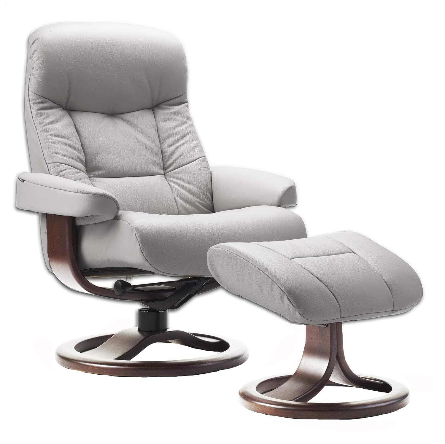 Fjords Hjellegjerde Leather Norwegian Ergonomic Scandinavian Lounge Reclining Chair 215 Small Muldal Swivel Recliner Furniture Nordic Line Genuine Dove Gray Leather Walnut Wood