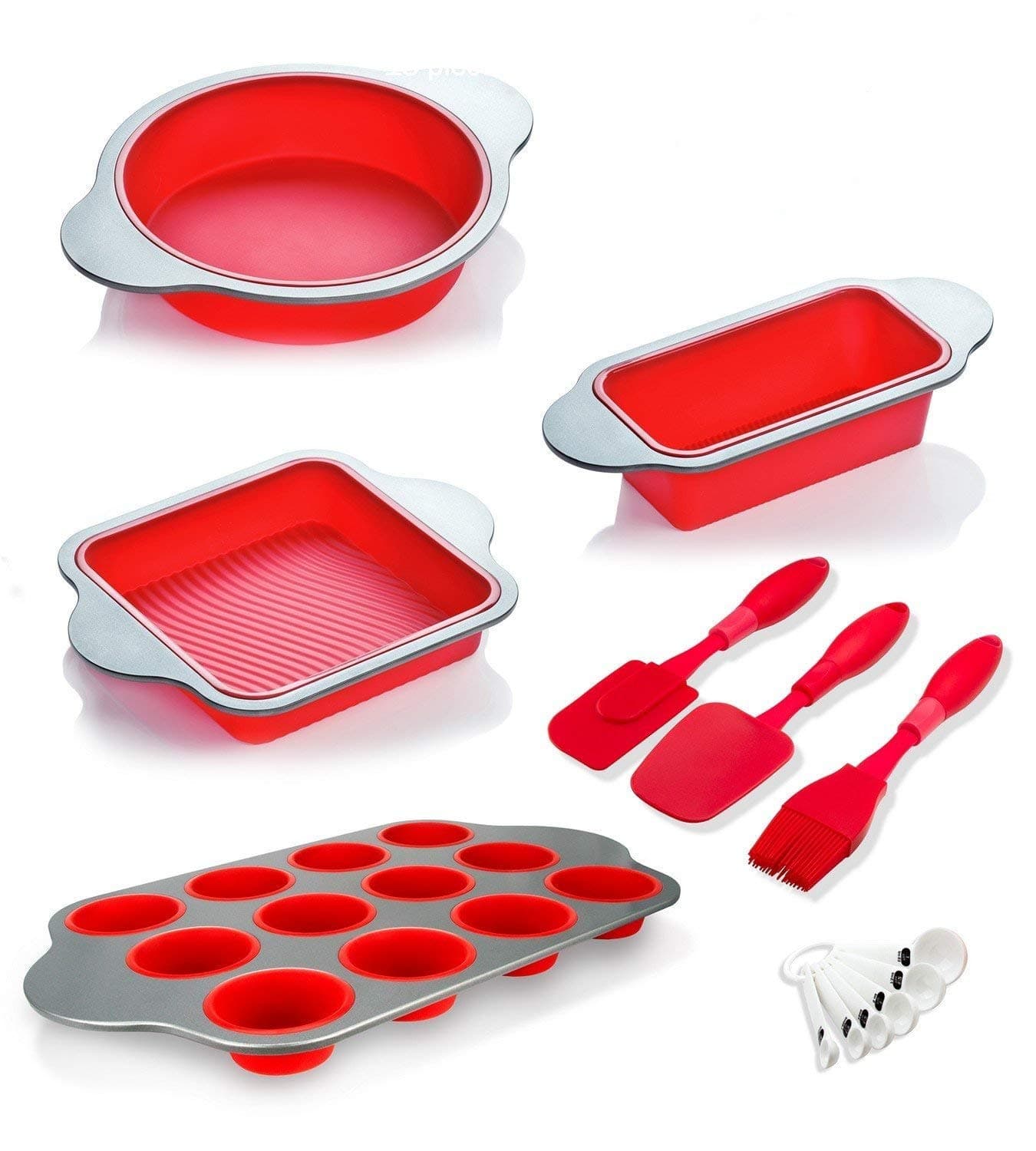 Silicone Baking Set and Utensils (Set of 13) by Boxiki Kitchen - Silicone Cake Tins, Brownie Baking Tin, Loaf Tin, Muffin Trays, Spatula Set, Brush & 6 Measuring Spoons
