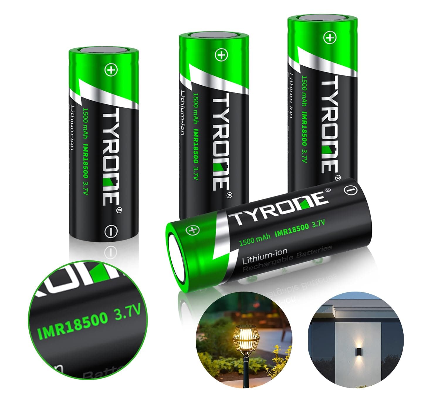 tyrone 18500 Rechargeable Battery, 3.7V 1500mAh Lithium Batteries for Flashlight, Solar Garden Light with Flat top 4 Pack