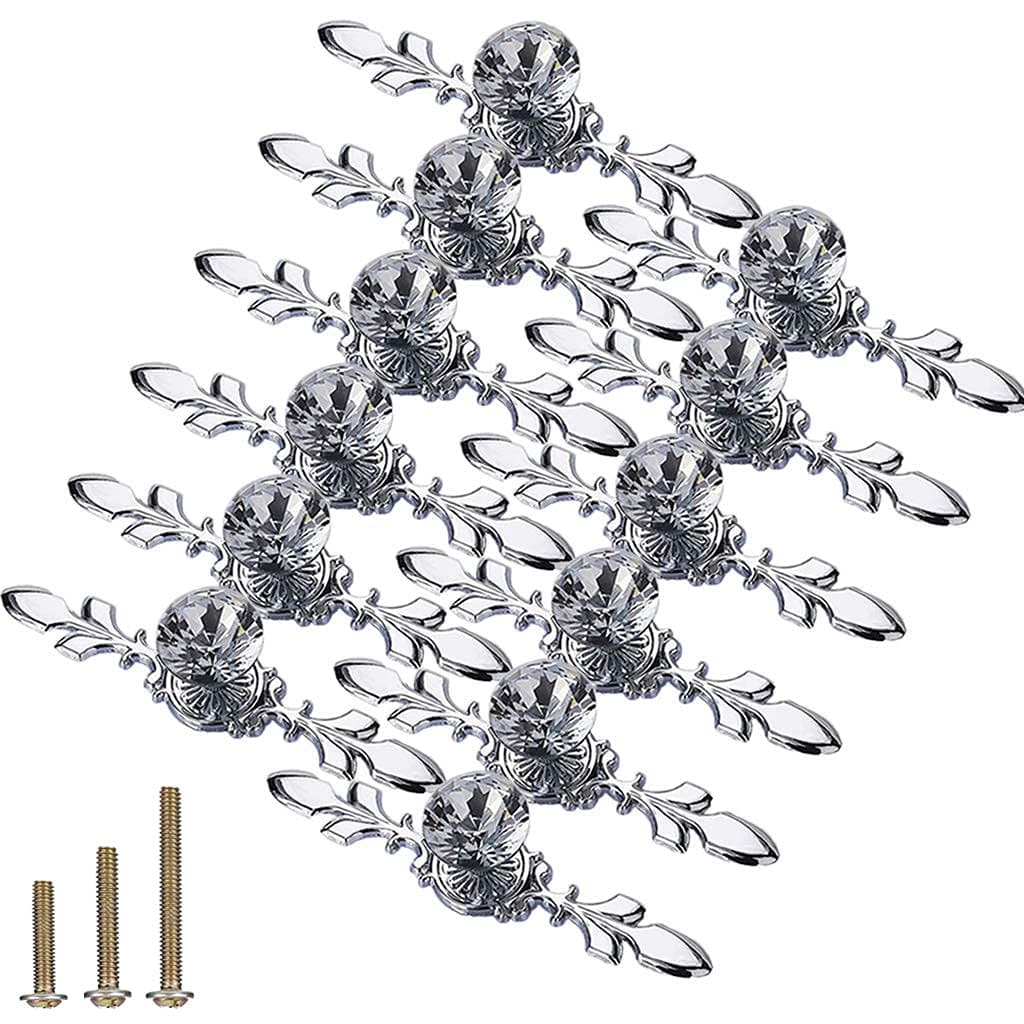 Drawer Dresser Knobs Pull Handles, 12 Pack Diamond Clear Crystal Glass Decorative Knobs with Plate,Cabinet Cupboard Door Knobs with Screws for Kitchen Office (12 Pack, Large, Silver)