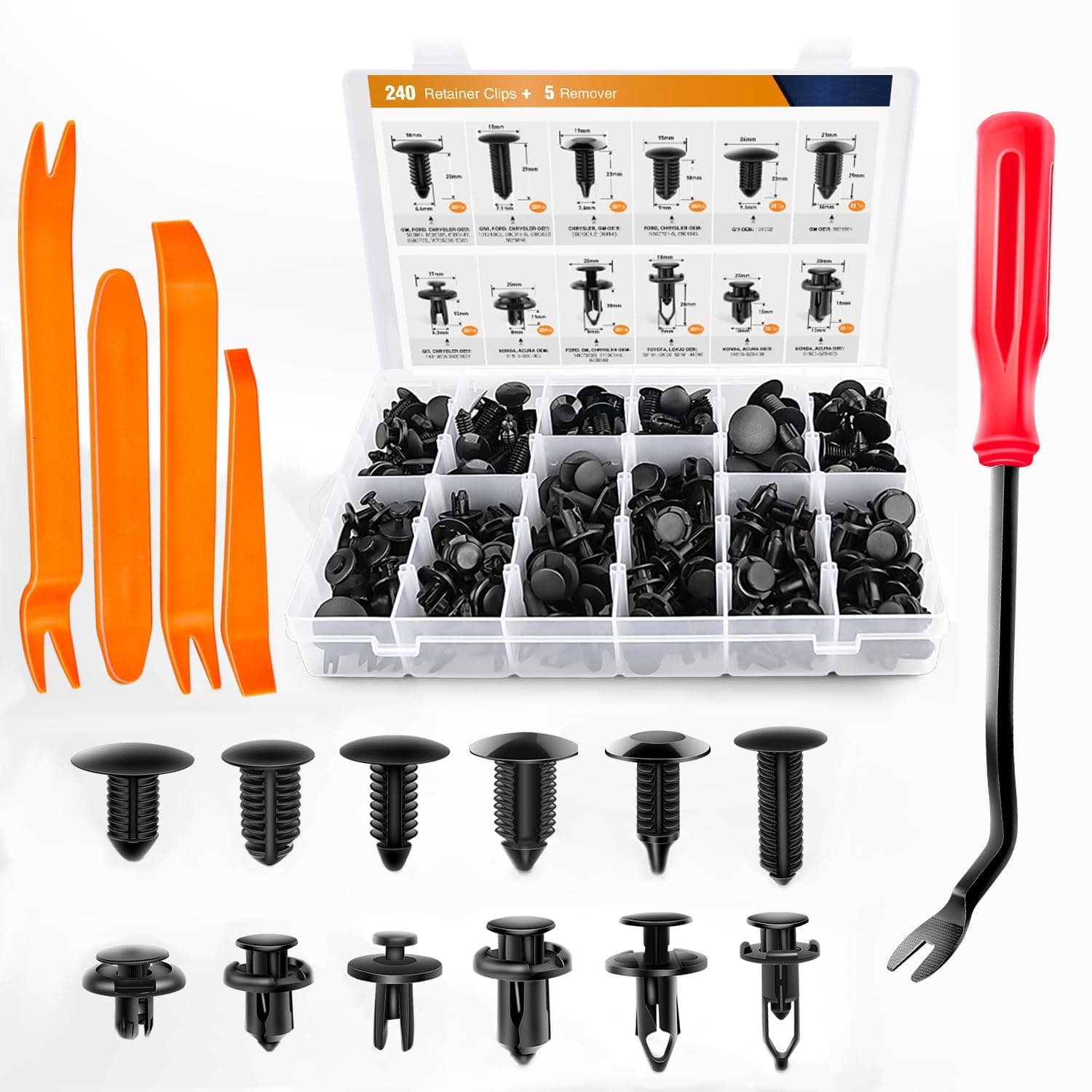 GOOACC 240PCS Bumper Retainer Clips Car Plastic Rivets Fasteners Push Retainer Kit 12 Popular Sizes Auto Push Pin Rivets Set -Door Trim Panel Fender Clips for GM Ford Toyota Honda Chrysler