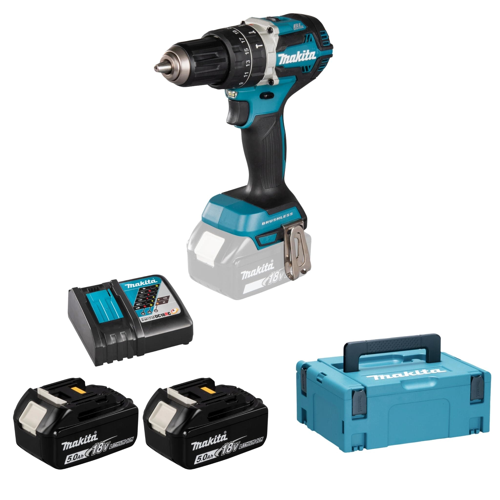DHP484RTJ 18V Li-Ion LXT Brushless Combi Drill Complete with 2 x 5.0 Ah Li-Ion Batteries and Charger Supplied in A Makpac Case, LARGE