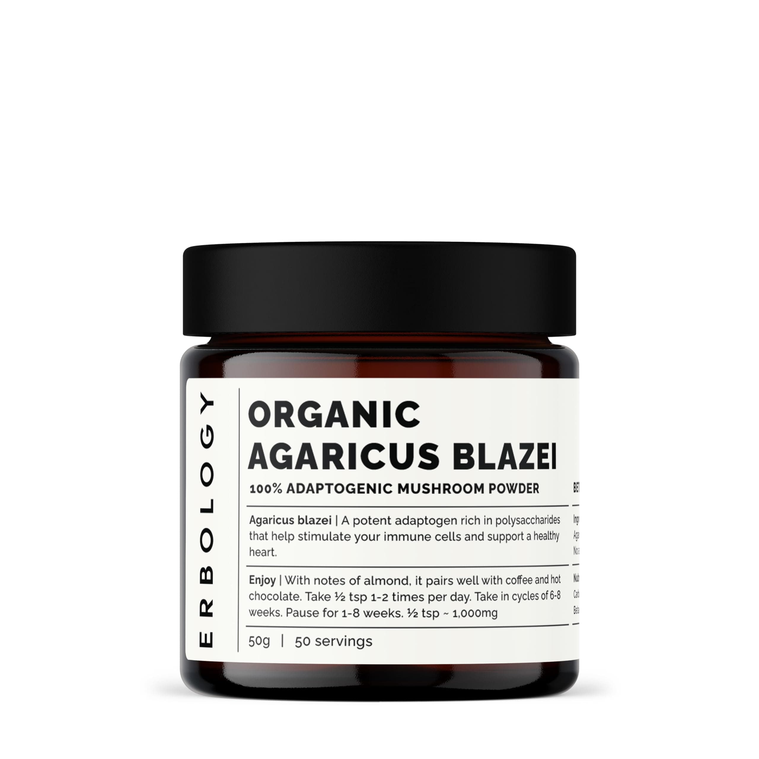 Erbology Organic Agaricus Blazei Mushroom Powder 50 Servings - 25% Beta-glucans - Immunity and Heart - Small Batch - Sustainably Grown in Europe - Vegan - Non-GMO - No Added Fillers