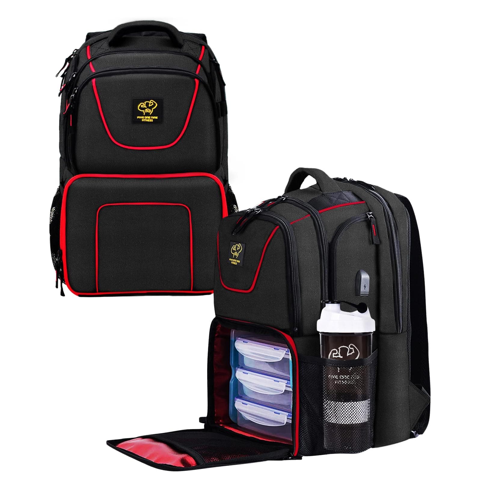 519 Fitness Meal Prep Backpack,Insulated Cooler Lunch Backpack with Computer Compartment,Cooler Rucksack,3 Meal Containers,2 Ice Packs and Protein Shaker(Black),17 * 10 * 11Inches