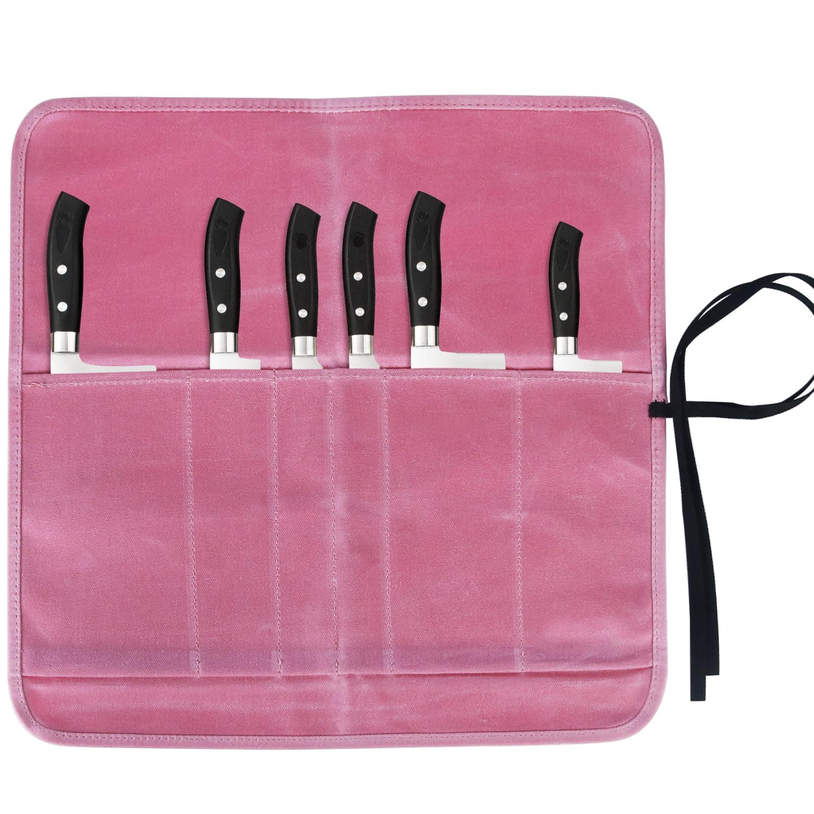Knife Roll Bag, Chef's Knife Roll Bag, Heavy Duty Chef Knife Roll Bag with 6 Slots, Waxed Canvas Knife Bag Roll, Knife Pouch Holder for Home Kitchen Travel Camping,Pink