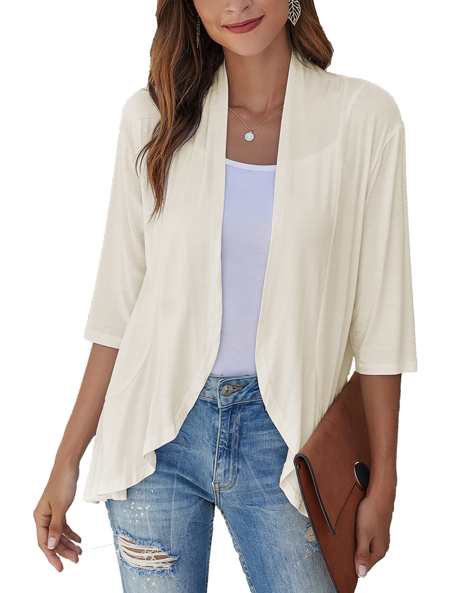 Bluetime Women Sunmer Open Front Cardigan 3/4 Sleeve Draped Ruffles Soft Casual Lightweight Duster (S-3XL) (L, New-Beige)