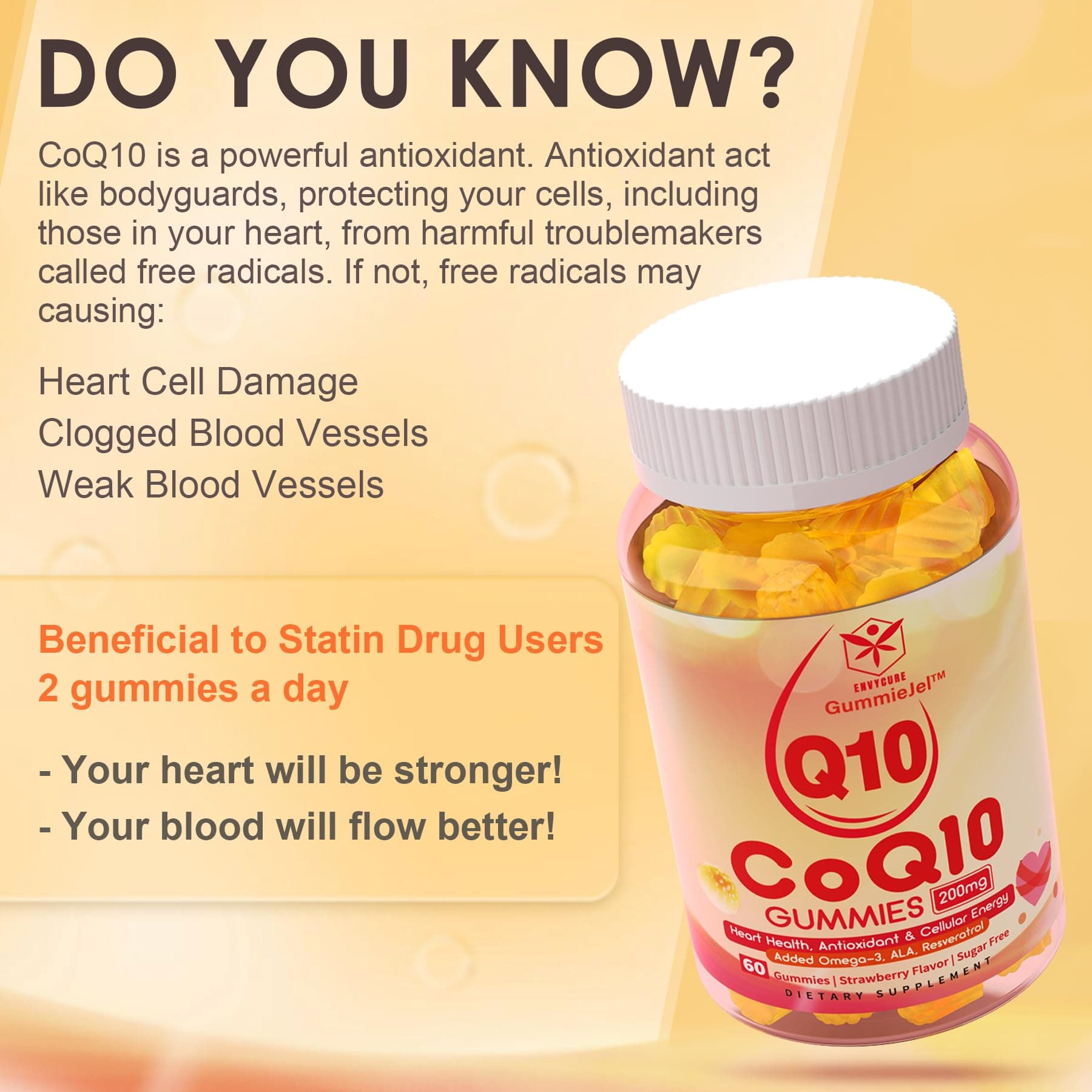 Sugar Free CoQ10 Filled Gummies 200mg, 5X Better Absorption CoQ10 w/Resveratrol, Alpha Lipoic Acid, Omega-3, Vitamin E, C, Coenzyme Q10 for Cellular Energy, Heart, Brain, and Antioxidant Support,2Pack