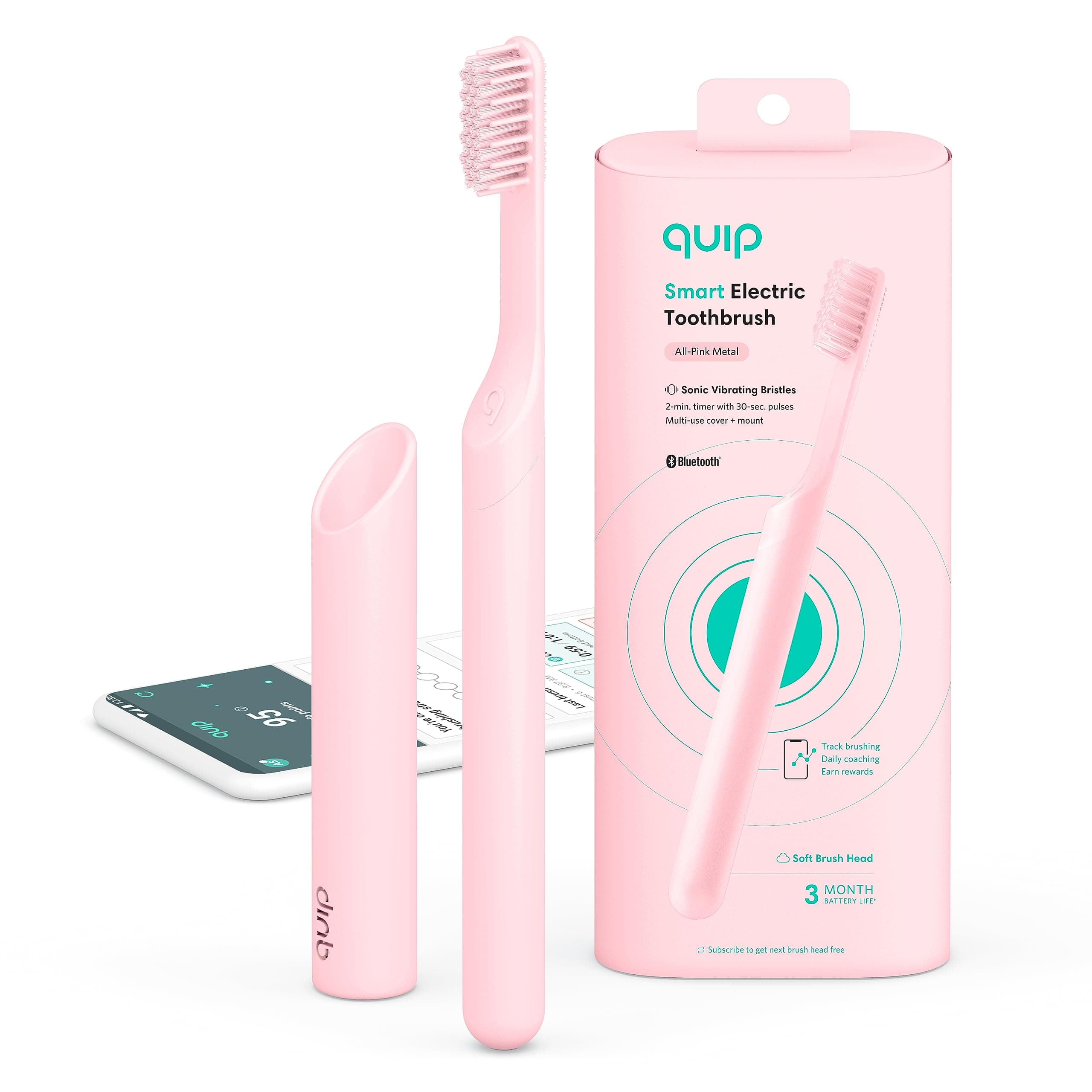 Quip Smart Sonic Toothbrush for Adults - Timed Electric Toothbrush with Bluetooth & Rewards App - Replaceable Brush Head, Soft Bristles, Metal Handle, 3 Month Battery Life - Travel Brush - All-Pink
