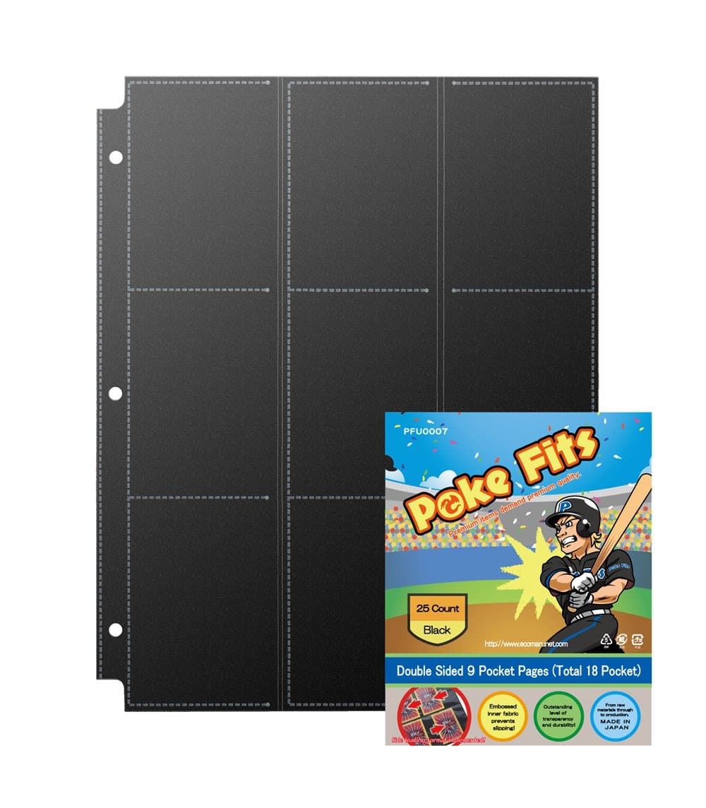 Poke Fits Japan Quality Non Slip Sports Trading Card Protectors Black (25 Count) Double Sided 9 Pockets Page (Total 18 Pockets for a Sheet) for Collecting Card Binder