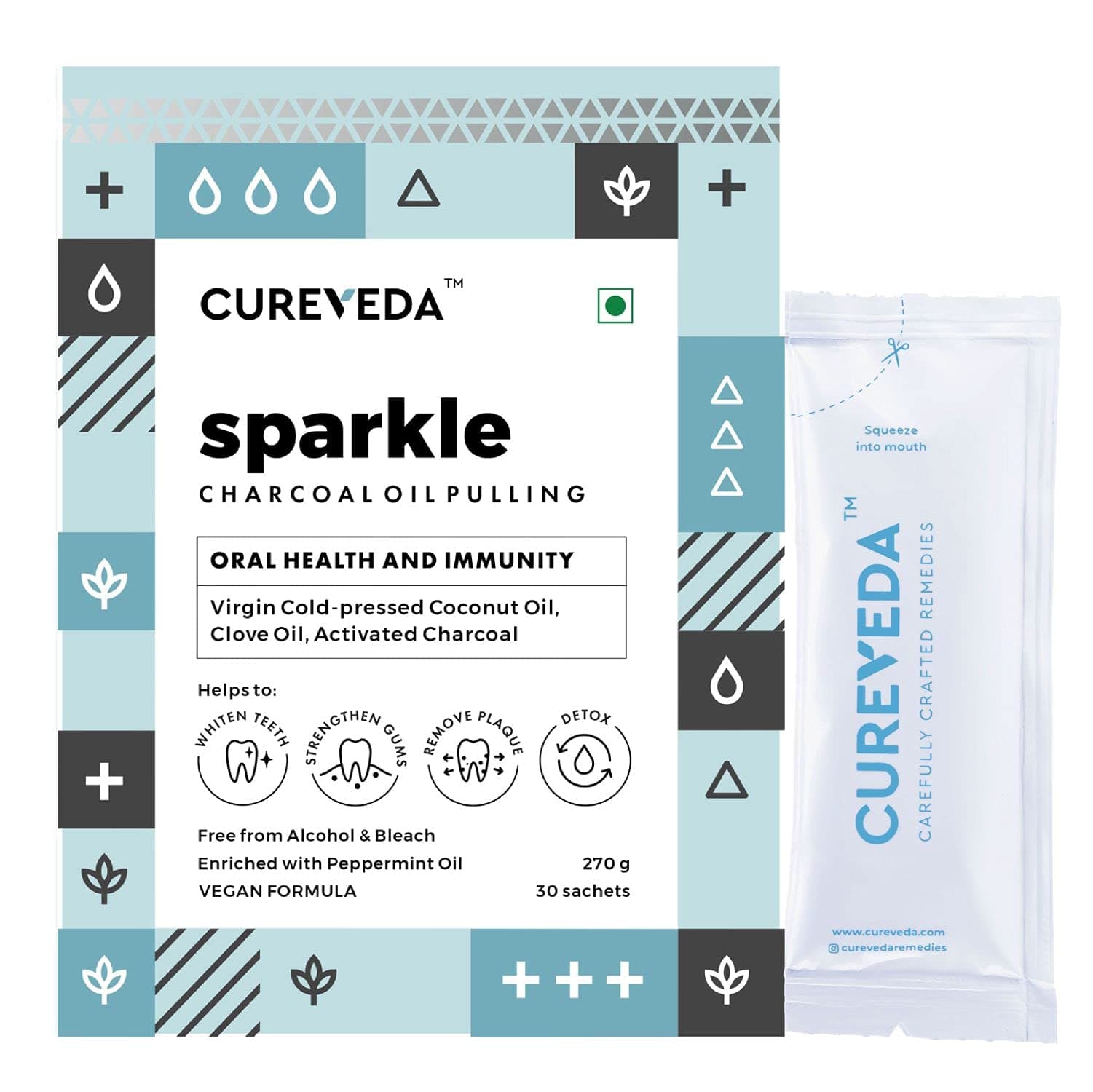 Cureveda Sparkle Charcoal Oil Pulling for Mouth | | Herbal Mouthwash with Virgin Coconut Oil | Healthy Teeth, Stronger Gums, Oral Detox | Peppermint Flavour Pack of 1 (30 Sachet)