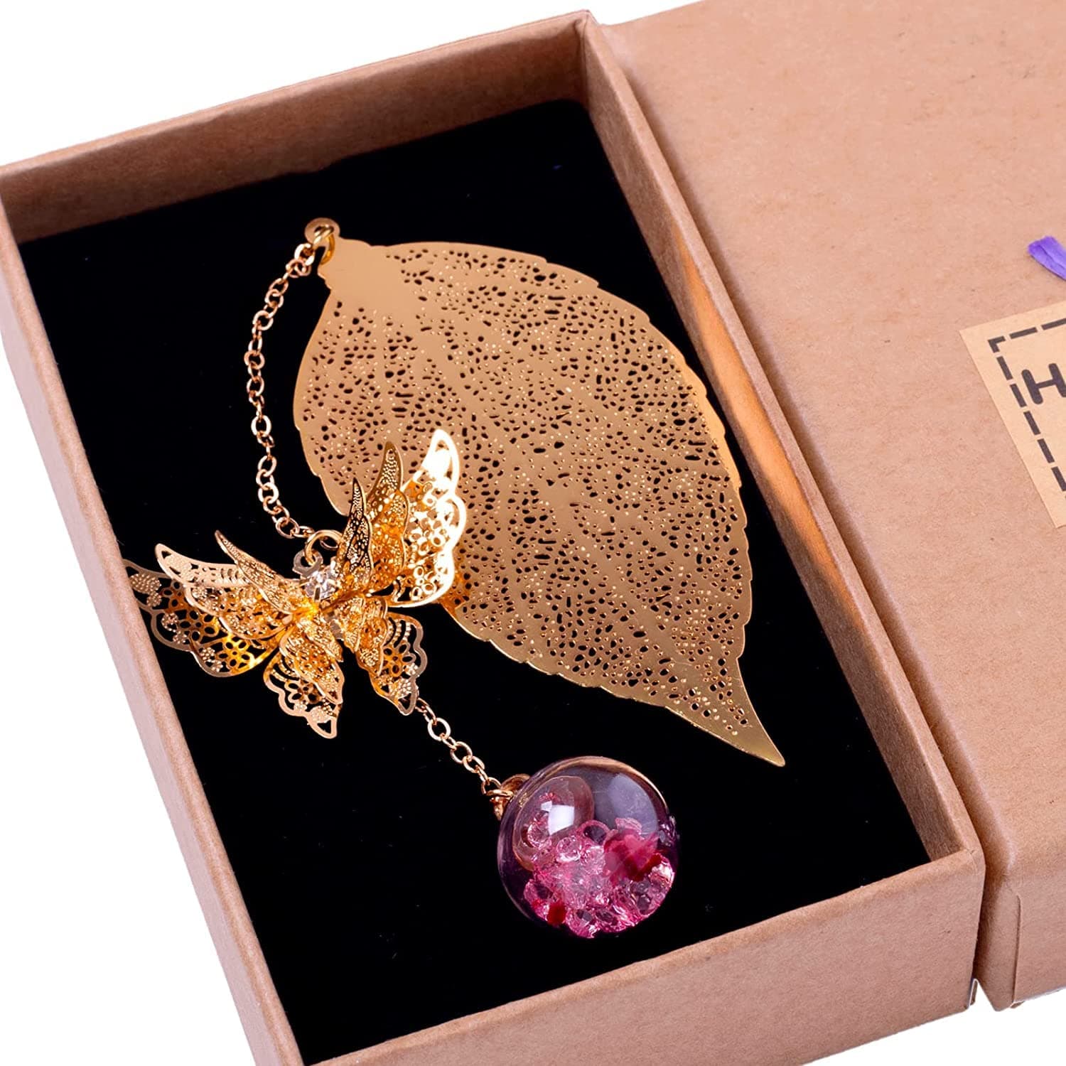 Metal Leaf Bookmark Birthday Gift Teachers Women & Mothers Day, Butterfly Book Mark for Book Lover Readers Mom Lady, Back to School Supplies(Golden Leaf Pink Red Flower)