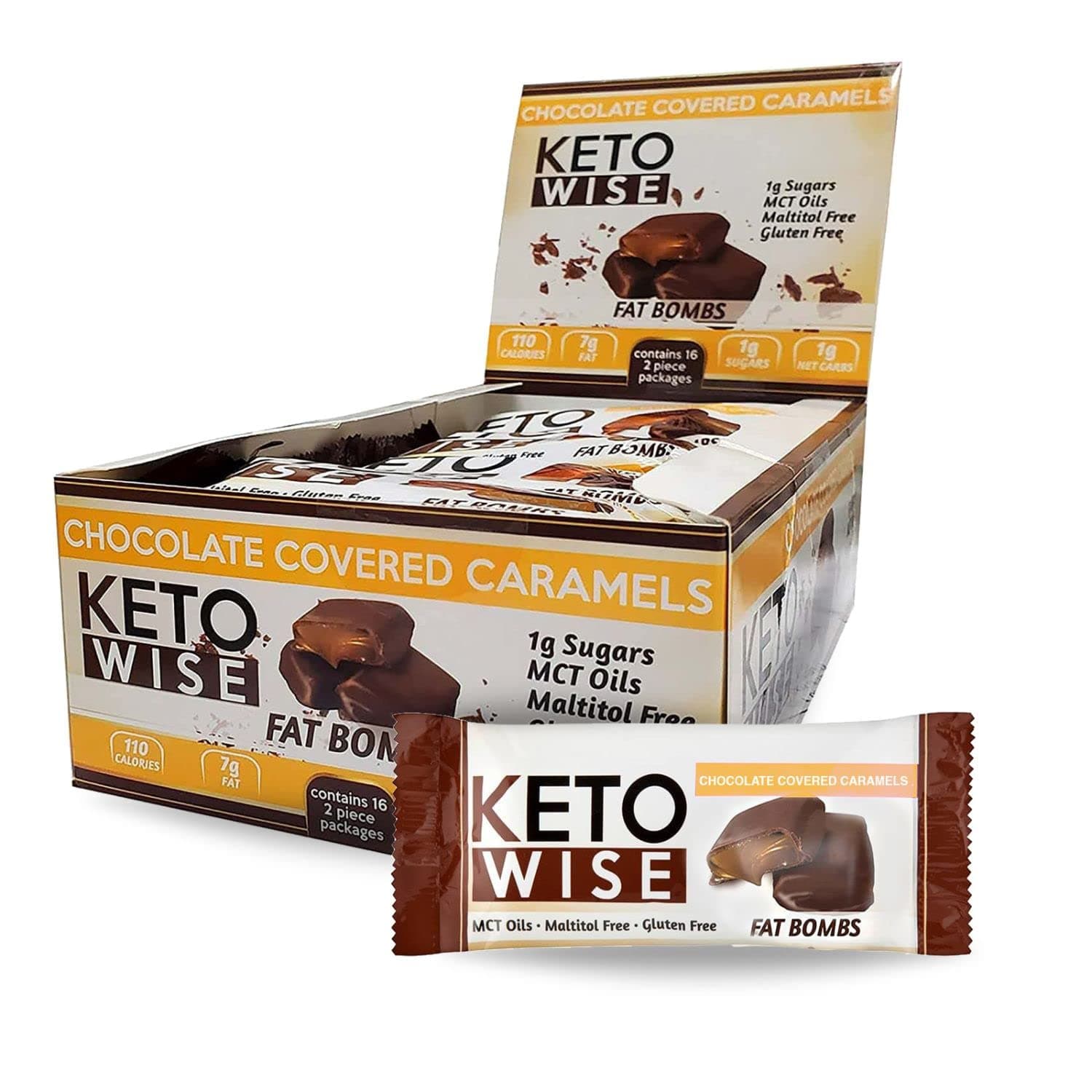 Keto Wise Fat Bombs - Made with Chocolate containing MCT Oil - Low Fat, Low Carb and Keto Friendly Snack - 8g Fat, 2g Net Carbs | Chocolate Covered Caramels, 2 Count (Pack of 16)