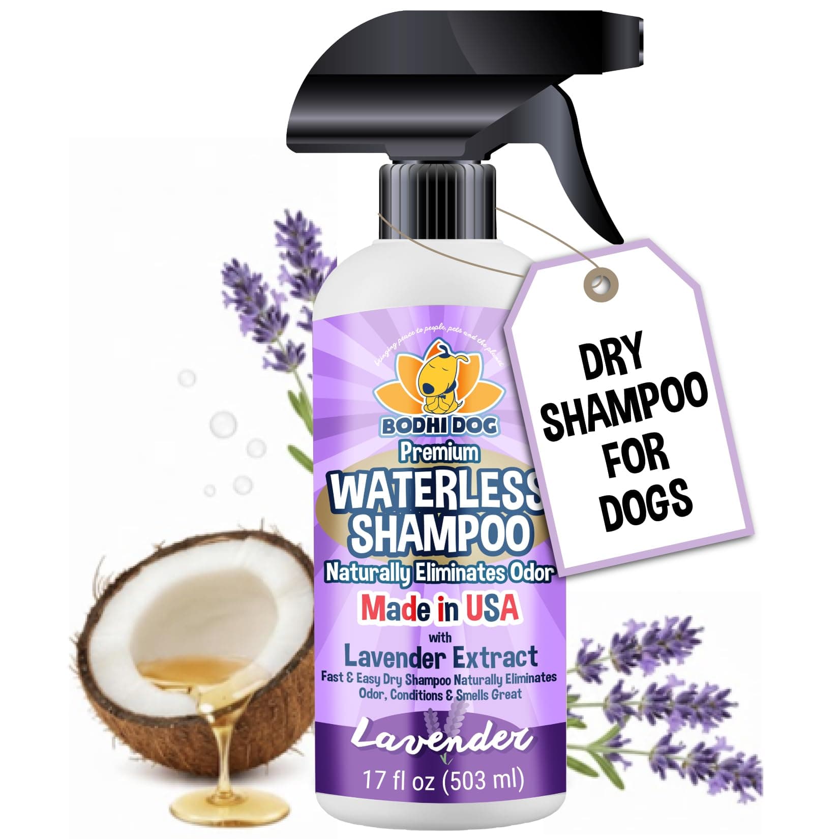 Bodhi Dog Waterless Shampoo - No Rinse Dry Shampoo for Dogs & Cats - Naturally Neutralizes Pet Smelly Odor - Safe for Puppies, Allergies & Sensitive Skin - Made in USA - Lavender (17 Fl Oz)