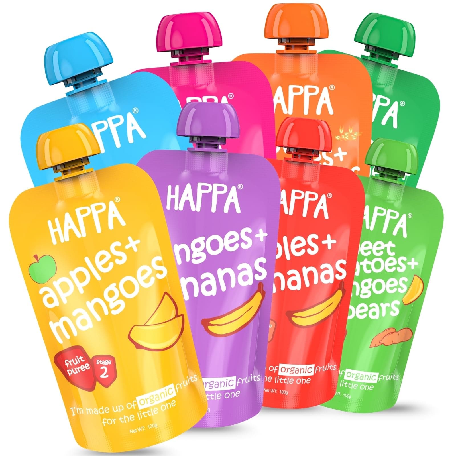 Organic Baby Food Puree Travel Pack | Natural Fruits, Grains and Vegetables | No Added Sugar, No Milk Powder, No Preservatives | Stage 2 (6 Months+) | Ready to Eat | Free from Common Allergens | Pack of 8 (100g Each)