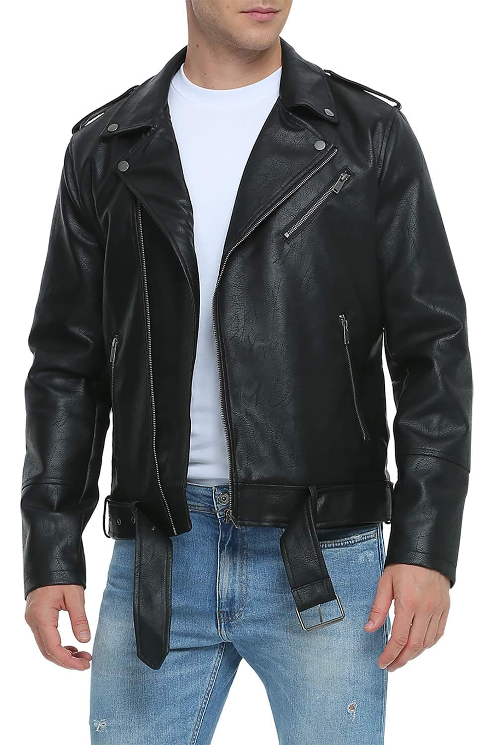 Leather Jackets for Men, Faux Bomber Jacket Mens Motorcycle Lapel Asymmetric Zip-Up Belt Slim Fit Biker Coat