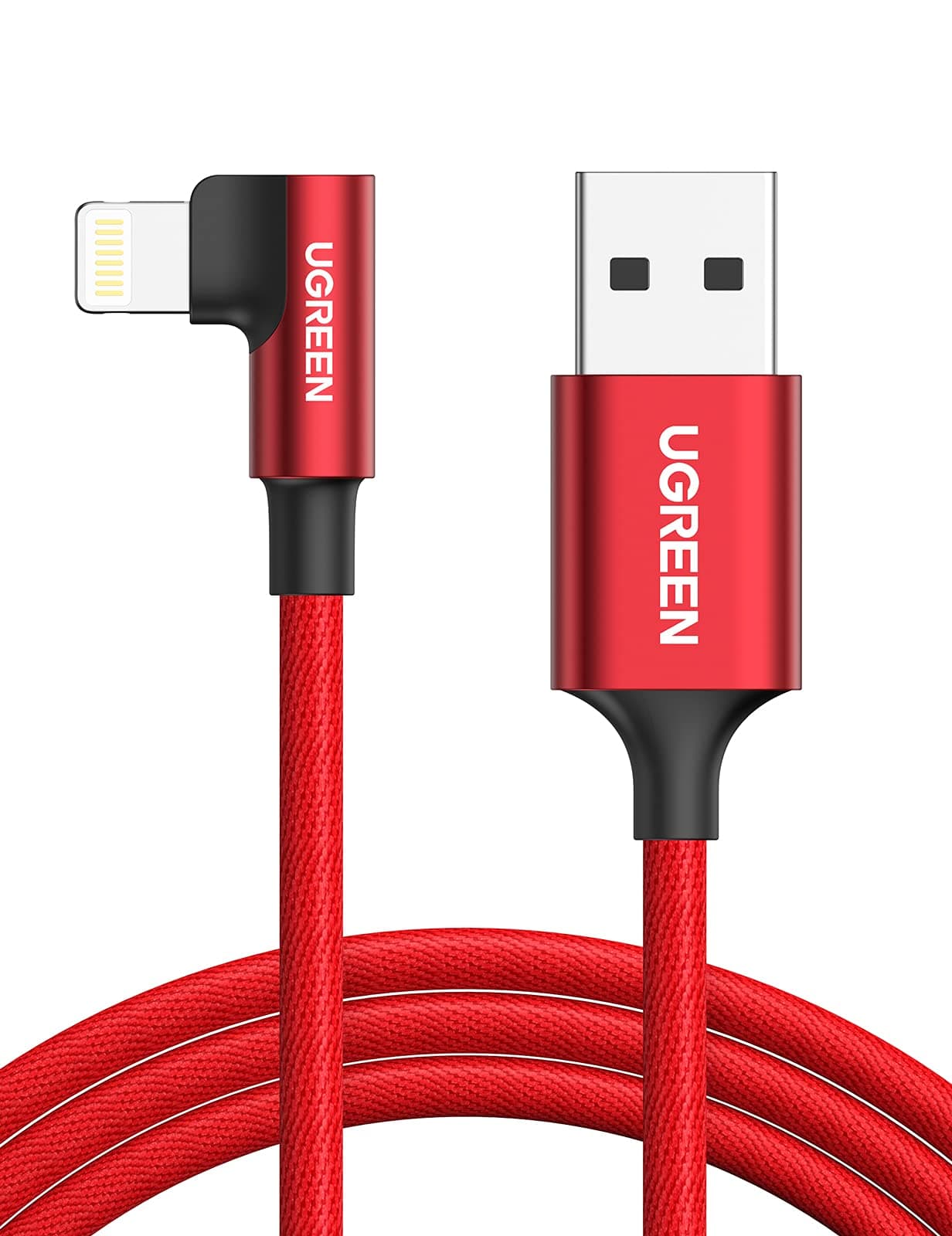 UGREEN Lightning Cable 90 Degree 2M[MFi Certified] iPhone Charger Cable Fast Charging USB A to Lightning Nylon Braided for iPhone 14/14 Pro/14 Plus /14 Pro Max, ipad Pro, iPhone 8-13 All Series-Red