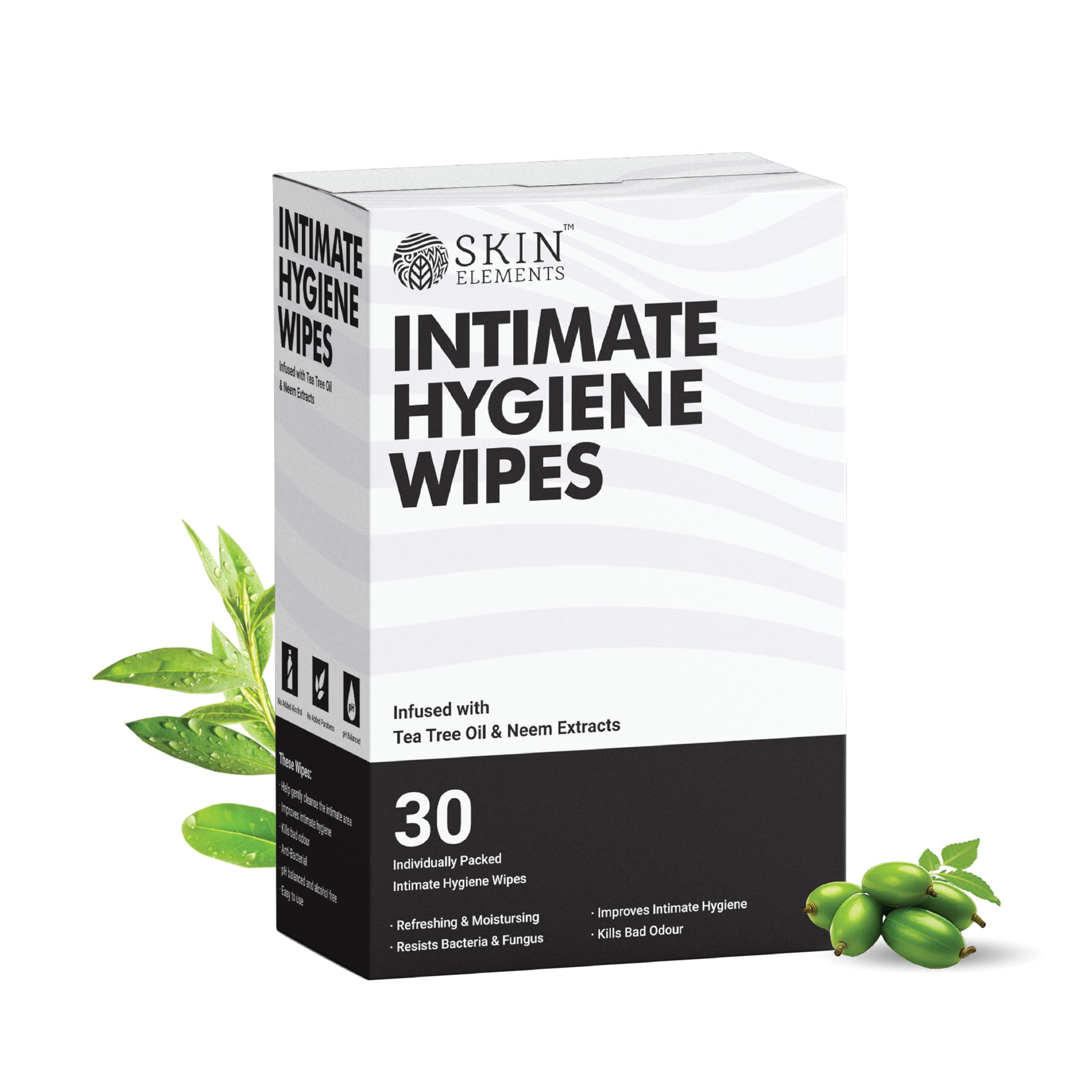 Skin Elements Intimate Hygiene Wet Wipes | Unisex | pH balanced | Tea Tree Oil & Neem Extracts | 30 Intimate Hygiene Wipes | For Pre and Post Intimacy (30 count (Pack of 1))