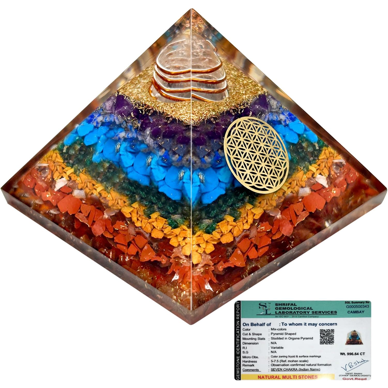 7 Chakra Orgonite Pyramid | Natural Healing Stones for Chakra Healing, Positive Energy, Reiki, Money, Health, Good Luck, Prosperity, Feng Shui, Vastu Correction, Office Home Decor Gift