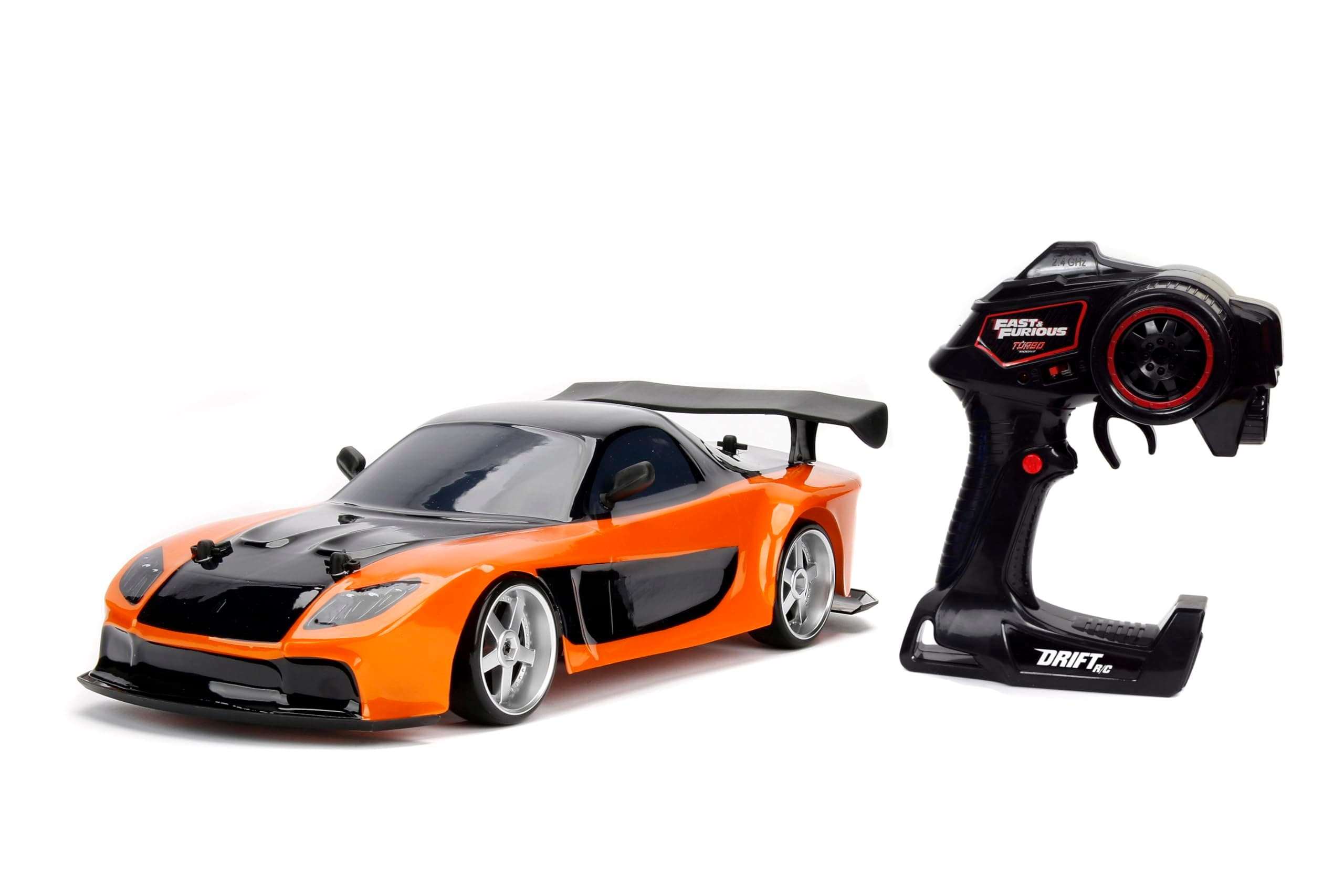 Toys Fast & Furious Han’s Mazda RX-7 Drift RC Car, 1: 10 Scale 2.4Ghz Remote Control Orange & Black, Ready to Run, USB Charging (Standard) (99700)