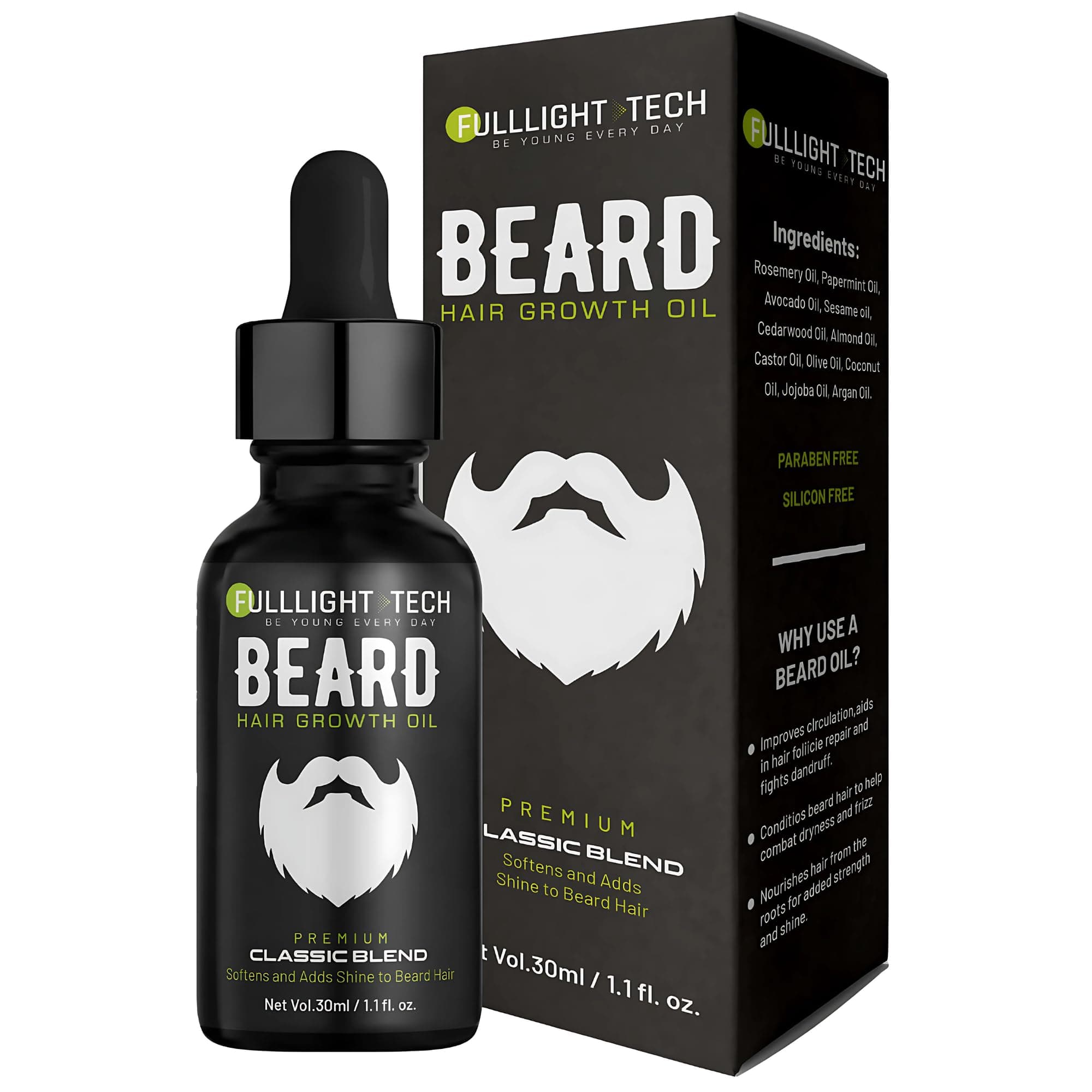 Fulllight Tech Beard Growth Oil for Men Fast Growth 30ml | Best Beard & Mustache Growth Oil | Patchy Beard Fix, Beard Conditioner, Moisturizer & Grooming Care for Soft, Healthy Beard